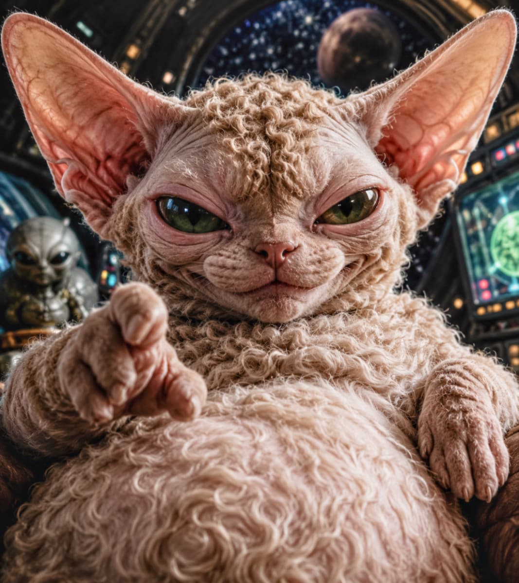 「地球人よ、私の指示に従うニャ!🚀 宇宙の彼方からやってきた猫型司令官、本日ついに地球に降臨…!? #SF猫」An ultra-realistic high-quality photograph portraying a sci-fi alien chubby Devon Rex cat as a starship commander. The cat sits in a futuristic cockpit, pointing its paw directly at the viewer with an intense glare, with stars and a planet visible through the window. 宇宙船のコックピットの司令官席に座り、鋭く威厳のある目つきでカメラに向かって前足を突き出し、指差すようなポーズを取るSF風のぽっちゃりデボンレックス猫。背景にはハイテクなコンソールや計器類、窓の外に広がる星々や大きな惑星、不気味なエイリアンのフィギュアが見えます