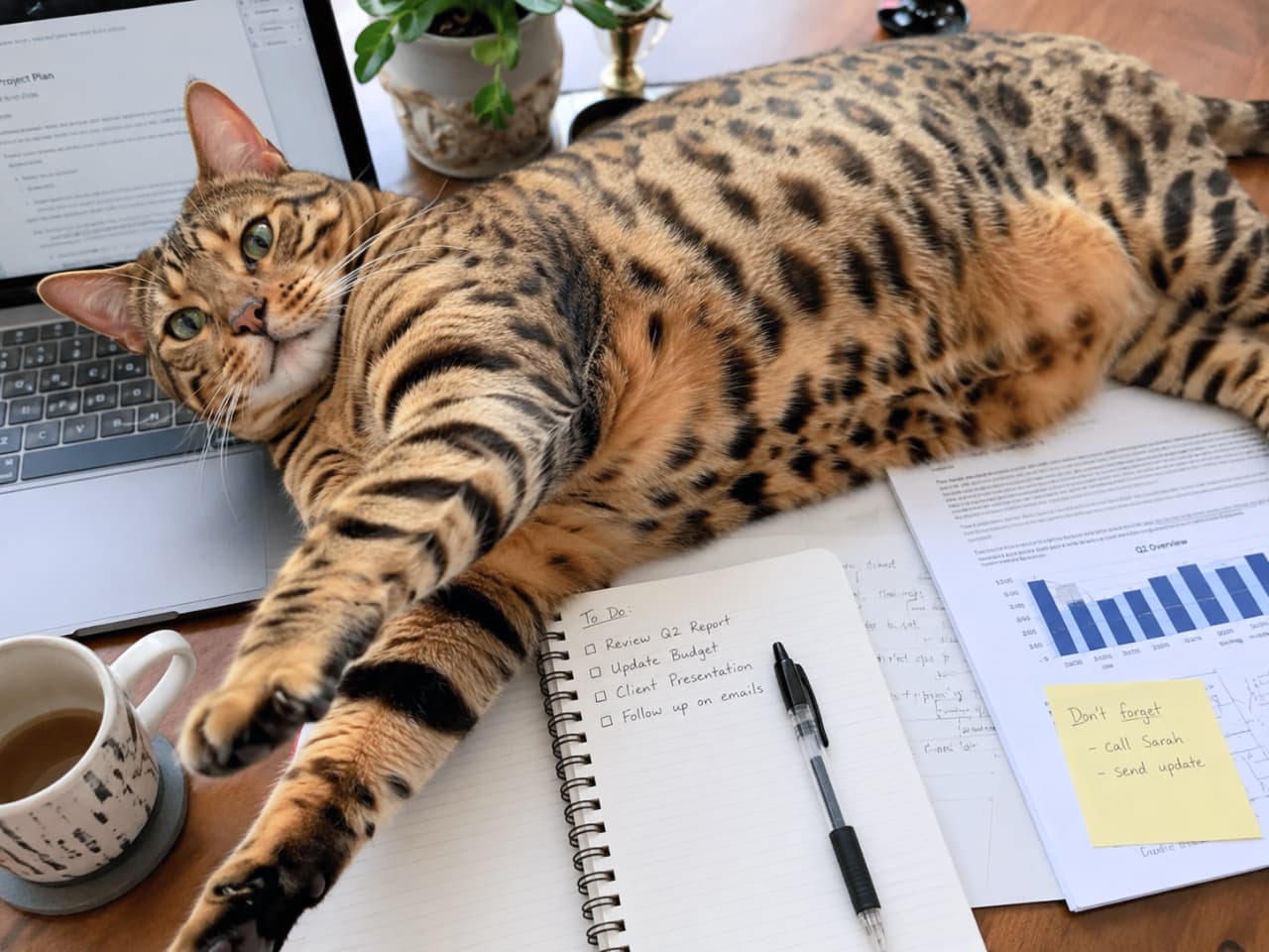 「ToDoリストの1番上は「猫を撫でる」に決まり!📝🐾 野生味あふれるベンガル柄と、この甘えん坊ポーズのギャップがたまりません🤤❤️ #ベンガル猫 #リモートワーク #猫のいる生活」Ultra-realistic high-quality photograph of a Bengal cat stretching out on a busy work desk. The cat's stunning rosette pattern, reminiscent of a wild leopard, and expressive emerald green eyes looking at the camera are captured beautifully. Surrounded by a laptop, To-Do list, charts, and a coffee cup, the scene is a vibrant depiction of everyday life under bright desk lighting. 書類やノートPCが広がるワークデスクの上で、思い切り体を伸ばしてくつろぐベンガルの高画質写真。野生のヒョウを思わせる美しいロゼット(斑点)模様の被毛と、エメラルドグリーンの瞳でカメラを見つめる愛らしい表情が魅力的です。ToDoリストのノート、グラフの印刷物、コーヒーカップなどが散乱する中、猫のしなやかなボディラインとデスクライトの明るい光が、日常の一コマを鮮やかに切り取っています