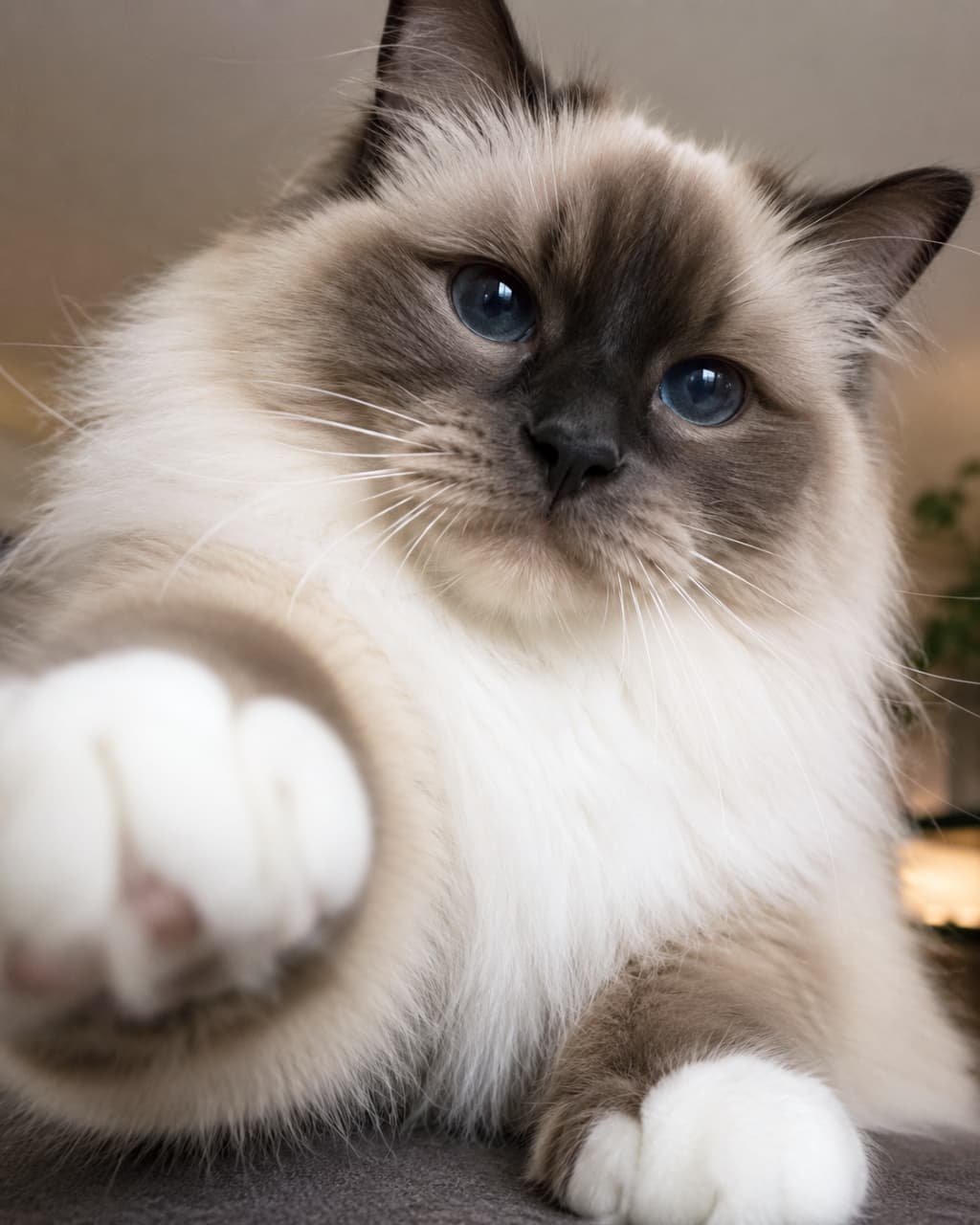 「画面越しにハイタッチ!🐾透き通るブルーの瞳で見つめながら、もふもふの可愛いお手てを伸ばしてくれる大迫力の瞬間です胸キュン必至の1枚💖」An ultra-realistic high-quality photograph of a fluffy Birman cat with brilliant blue eyes, reaching its white paw directly towards the camera in a dynamic, low-angle close-up shot. 透き通るような美しいスカイブルーの瞳を持つバーマン猫が、カメラに向かって白い前足を大きく突き出している、臨場感あふれるドラマチックでふわふわな近接写真