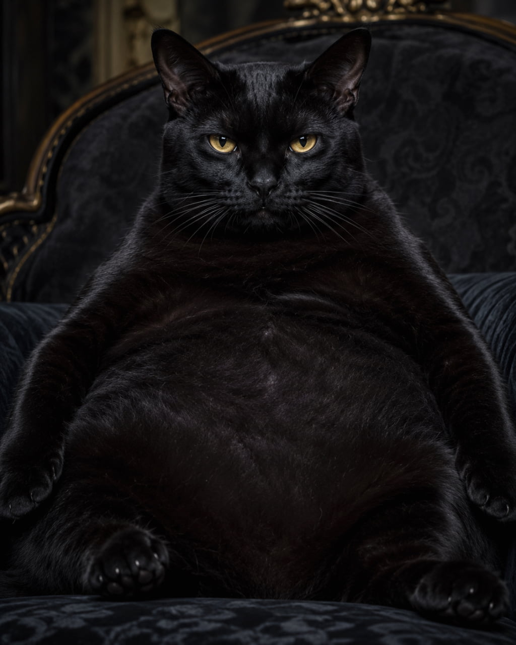 「これが真の「黒幕」…!😎高級ソファにどっしり腰掛け、ラスボス級のオーラを放つ黒猫さま。ひれ伏すしかありませんッ!支配者の眼差し🖤」An ultra-realistic high-quality photograph of a huge, majestic Bombay cat with striking gold eyes, sitting like a king on a luxurious vintage black armchair, exuding a powerful and commanding presence. 重厚な黒のアンティークソファに人間のようにどっしりと腰掛け、王者のような貫禄で威風堂々と正面を睨みつける、ゴールドの瞳を持つ大柄で艶やかなボンベイ猫のリアルなポートレート