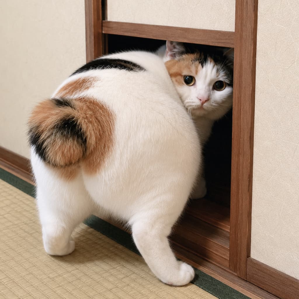「入ると思ったんだけどにゃ…?💦大きなお尻が引っかかっちゃった三毛猫ちゃん。この「やっちゃった」感あふれる困り顔がたまらなく愛おしいっ!😂がんばれー!」An ultra-realistic high-quality photograph of a plump calico cat attempting to squeeze through a small opening in a Japanese sliding door, leaving its round bottom outside and looking back with a funny, worried expression on a tatami mat. 和室の畳の上で、ふくよかな三毛模様のお尻と丸い尻尾をこちらに向けながら、襖の小さな隙間に通り抜けようとして挟まり、不安そうな困り顔でこちらを振り返るキュートな三毛猫のリアルな写真