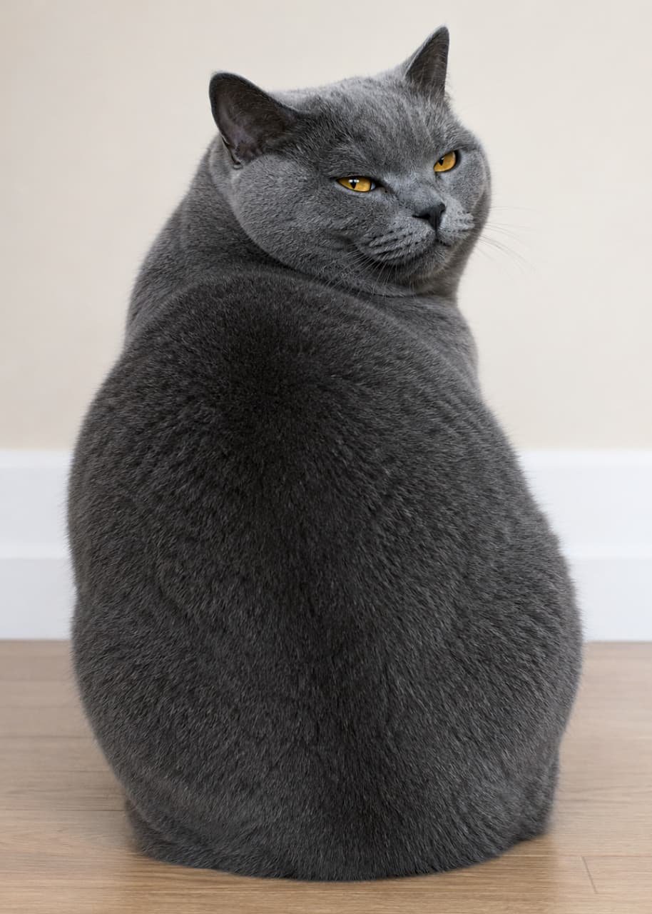 「これぞ完璧な「見返り美猫」ポーズ!丸みのあるフォルムと、チラッとこちらを見るオレンジの瞳が最高にキュートですフォルムがたまらん✨」An ultra-realistic high-quality photograph of a Chartreux cat sitting on a wooden floor, turning its head back to look directly into the camera with piercing amber eyes against a minimalist wall. 明るく清潔感のある室内のフローリングの上で、ふくよかでベルベットのような美しいグレーの被毛を持つシャルトリュー猫が、背中を向けながら印象的なアンバーの瞳でこちらを振り返っているリアルな写真