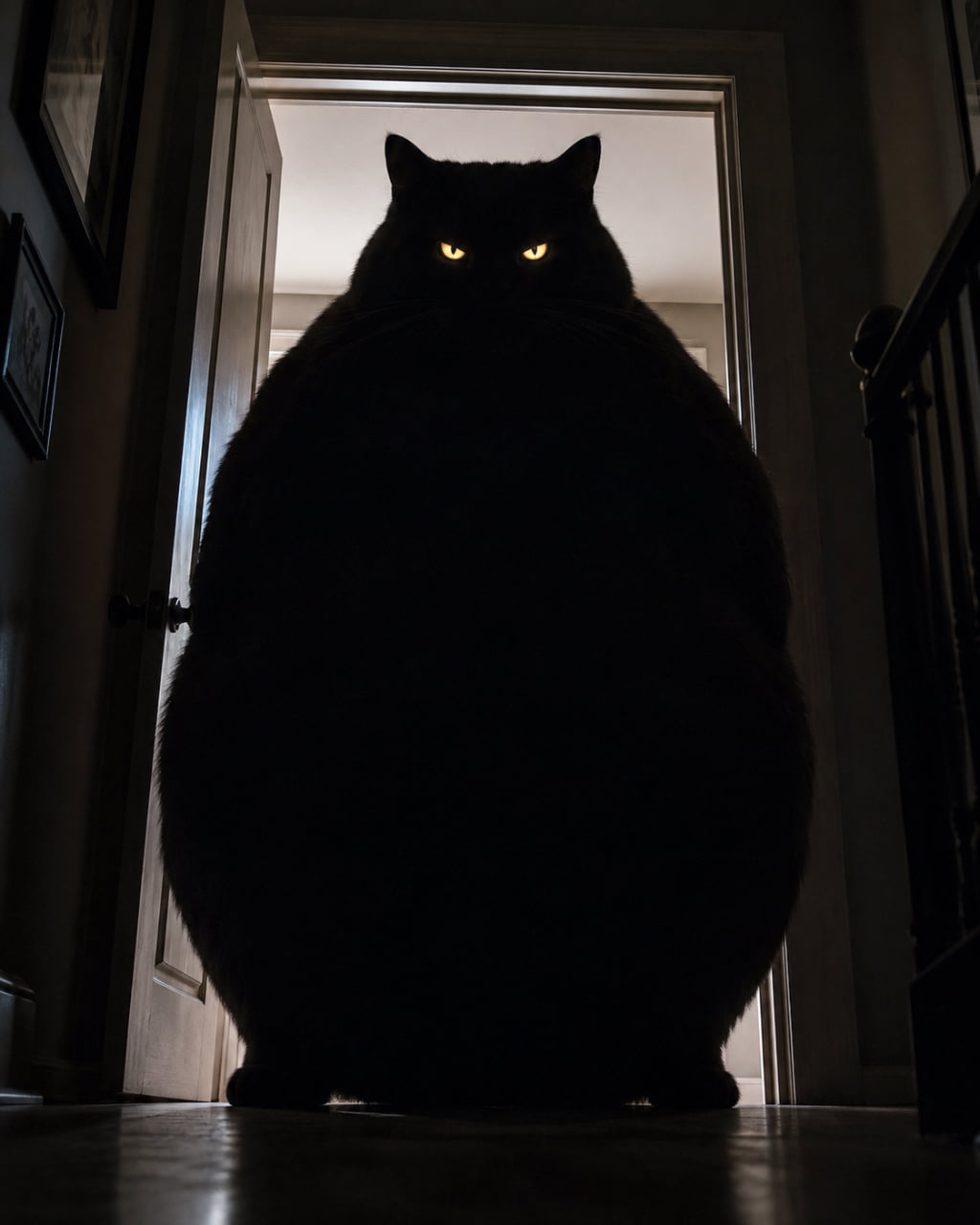 「暗闇から見つめる黄金の瞳…✨ ちょっとドキッとしちゃうけど、やっぱり黒猫の魅力には抗えない🐈⬛🖤 #黒猫 #ホラーな猫」Ultra-realistic high-quality photograph of a massive black cat in silhouette standing in a dark hallway, backlit by light from an open doorway. Only its sharp, glowing golden eyes are clearly visible, creating a mysterious and slightly eerie atmosphere. Faint light reflects on the wooden floor, adding dramatic shadows. 薄暗い廊下で、開いたドアからのバックライトを浴びて巨大なシルエットとなって浮かび上がる黒猫の写真。顔の中心には鋭く光る黄金色の瞳だけがくっきりと見え、ミステリアスで少し不気味な雰囲気を醸し出している。足元のフローリングにはかすかに光が反射し、ドラマチックな陰影を作り出している