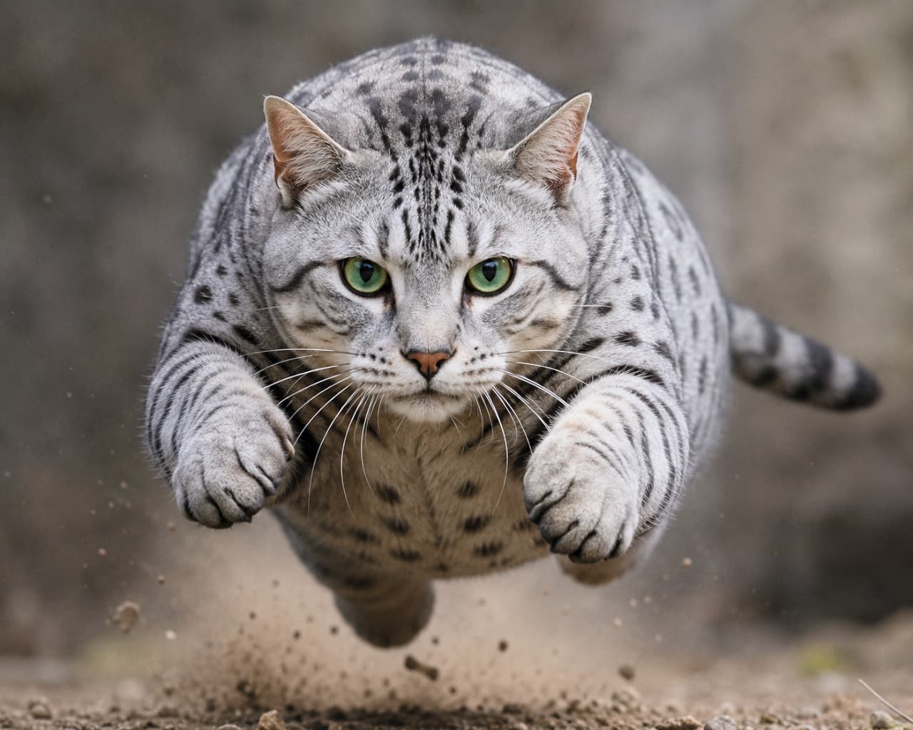 「ターゲット捕捉!今すぐそっちに飛び込むニャーーッ!!💨 躍動感120%の全力疾走キャッチ! #躍動感」An ultra-realistic high-quality photograph capturing a dynamic action shot of a silver spotted Egyptian Mau pouncing directly toward the camera. The muscular cat is suspended in mid-air with intense green eyes, sending bits of dirt flying from the ground beneath. シルバーの地に美しい黒の斑点(スポット)と縞模様を持つ大柄で筋肉質なエジプシャンマウ猫が、真剣な眼差しでこちらに向かって猛然と飛びかかってくる決定的瞬間を捉えた写真。前足を前方に突き出し宙に浮いており、地面の土埃がリアルに舞い上がっています
