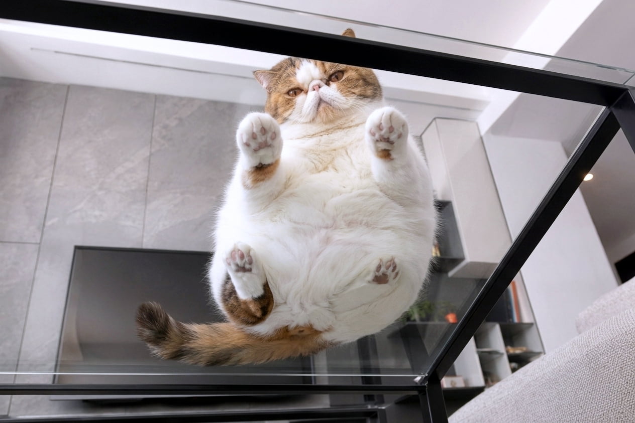 「ガラステーブルを下から覗いたら…まさかの絶景が広がっていました🐾🔍このお腹のモフモフ感とジト目がたまりません!🤣💖 #エキゾチックショートヘア #猫の裏側 #ガラステーブル #猫のいる生活」Ultra-realistic high-quality photograph of a calico Exotic Shorthair cat viewed from directly below through a glass table. The cat's fluffy white belly and paw pads are charmingly pressed against the glass. It looks down with large round eyes, set against a modern living room background with a textured gray wall and flat-screen TV. ガラステーブルの上に座る三毛(キャリコ)柄のエキゾチックショートヘアを、テーブルの真下から見上げたユニークな構図の画像。ガラスに押し当てられたモフモフの白いお腹や、ギュッと縮こまった肉球がはっきりと見えます。猫は大きな丸い目で興味深そうにこちらを見下ろしており、背景にはモダンなグレーの壁と薄型テレビ、スタイリッシュな空間が広がっています