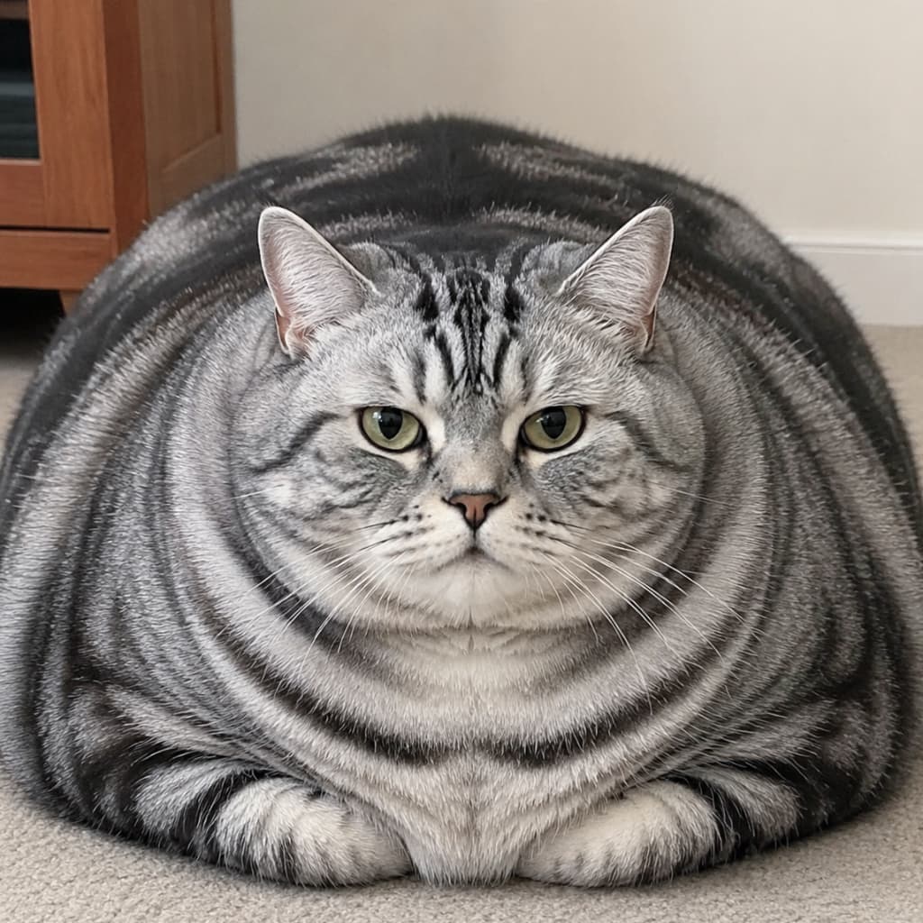 「規格外の丸さ…!もはや猫ではなく、焼き立ての超巨大高級食パン(シルバータビー味🍞)に見えてきました…!この安定感、最高すぎる安定の香箱座り✨」An ultra-realistic high-quality photograph of an incredibly round and oversized silver tabby cat in a perfect loaf pose on a beige carpet, looking directly forward with calm green eyes. ベージュのカーペットの上で、美しいシルバータビーの縞模様を持つ、驚くほど丸く巨大な猫が、前足をきれいに格納して完璧な香箱座り(ローフポーズ)をしている正面からのリアルな写真
