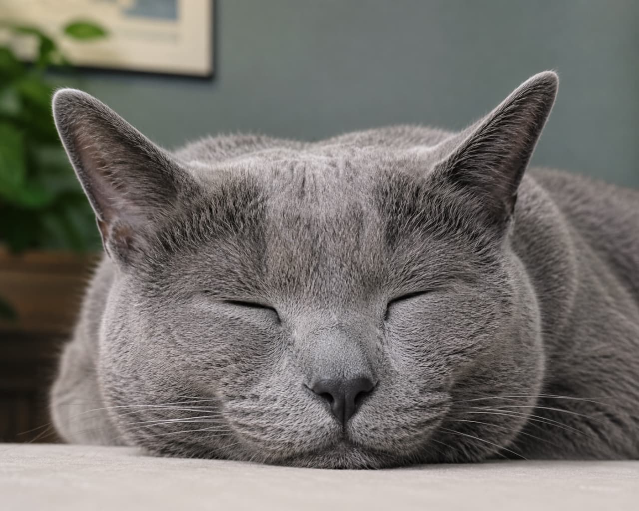 「見ているだけで眠くなっちゃう…😪 美しい毛並みと幸せそうなお顔でお昼寝中のロシアンブルーちゃんに癒やしをお届け🌿 #ロシアンブルー #猫の寝顔」Ultra-realistic high-quality photograph of a Russian Blue cat sleeping peacefully close-up. The image sharply captures the velvety texture of its beautiful blue-gray coat, the gentle smile-like curve of its mouth, and every delicate whisker. A blurred background of a muted green wall and a houseplant creates a relaxing ambiance. 目を閉じて安らかに眠っているロシアンブルーの顔のクローズアップ写真。ビロードのような光沢を持つ美しいブルーグレーの被毛の質感や、微笑んでいるかのような口元、繊細なひげの1本1本まで鮮明に捉えられている。背景には落ち着いたグリーンの壁と観葉植物がぼやけて写り、リラックスした空間を演出している