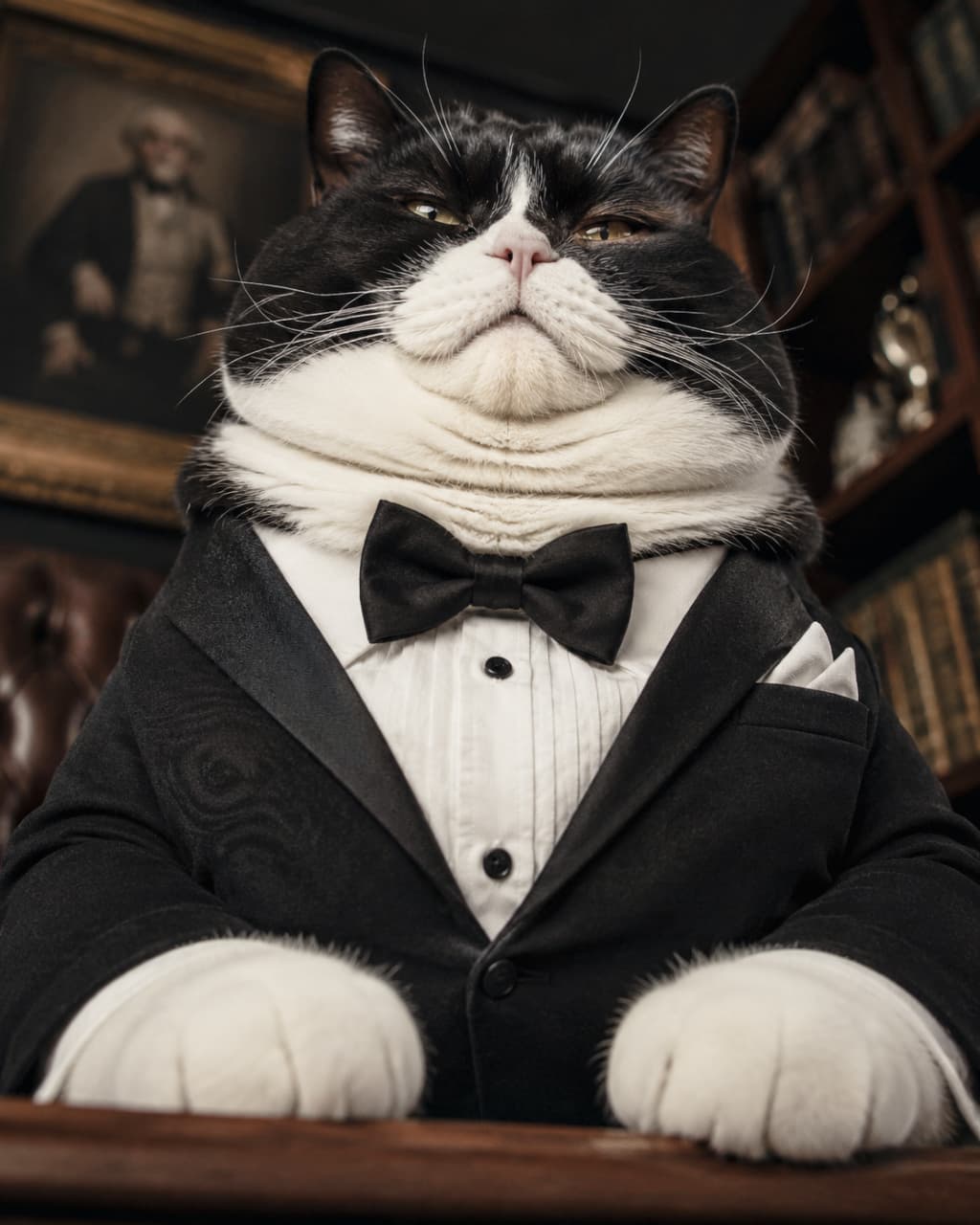 「こちらが我が家のCEO(最高責任者)です🐱💼 威厳たっぷりの眼差しと完璧な着こなしに、思わずひれ伏してしまいそう…!✨ #タキシードキャット #ハチワレ猫」Ultra-realistic high-quality portrait of a majestic Tuxedo cat literally wearing a black tuxedo suit and bowtie. The cat's sharp gaze and full cheeks exude authority. With its white "gloved" paws resting on a desk, the background features a classic study with a leather chair and an antique oil painting, enhanced by dramatic, cinematic lighting. クラシックな書斎で、本物の黒いタキシードと蝶ネクタイを着用したハチワレ猫(タキシードキャット)の威厳ある高画質ポートレート写真。ふくよかな顎周りの毛並みと、見下ろすような鋭い眼差しが圧倒的な存在感を放っています。白い手袋のような前足を机に乗せ、背景には重厚な革張りの椅子やアンティークな肖像画が飾られており、ドラマチックな陰影が高級感を演出しています