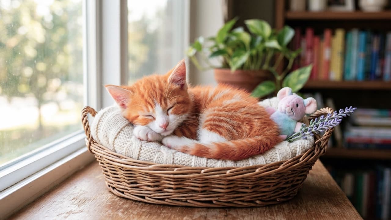 「ぽかぽかお日様とお気に入りのぬいぐるみ…最高のお昼寝タイムだね☀️💤 見てるだけで癒される〜🌿 #茶トラ白 #お昼寝猫 #癒し時間」Ultra-realistic high-quality photograph of a ginger and white kitten sleeping curled up on a white knit blanket inside a windowsill wicker basket. A pastel mouse toy and a sprig of lavender rest nearby. The background features beautifully blurred houseplants and a bookshelf, bathed in the warm, relaxing natural light of a peaceful afternoon. 窓際の籐のバスケットの中で、白いニットのブランケットに包まれて丸まって眠る茶トラと白の子猫。鮮やかなオレンジの被毛とピンクの鼻先が愛らしく、隣にはパステルカラーのネズミのぬいぐるみとラベンダーの小枝が添えられています。背景には観葉植物と本棚がぼけて写り込み、穏やかでリラックスした休日の午後を思わせる温かい光に包まれています