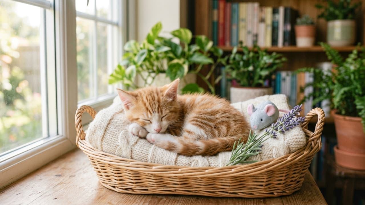 「グリーンの香りに包まれて、どんな夢を見ているのかな?🌱🐈💤 穏やかな午後のお裾分けです☕️ #ねこのいる暮らし #お昼寝タイム #ボタニカルライフ」Ultra-realistic high-quality photograph of a ginger and white kitten sleeping peacefully on a white knit blanket in a windowsill basket. Similar to the previous basket scene, but accented with a toy mouse and a sprig of greenery (like rosemary), enhancing the botanical feel. Soft natural light gently illuminates the kitten's serene face and the lush green houseplants in the beautifully blurred background. 窓辺のバスケットの中で白いニットに包まれ、気持ちよさそうに眠る茶トラと白の子猫。3枚目の画像と似た構図ですが、こちらにはネズミのぬいぐるみに加えてローズマリーのような緑の枝が添えられており、よりボタニカルな雰囲気が強調されています。柔らかな自然光が子猫の安らかな寝顔と、背景の豊かな観葉植物のグリーンを優しく照らし出しています