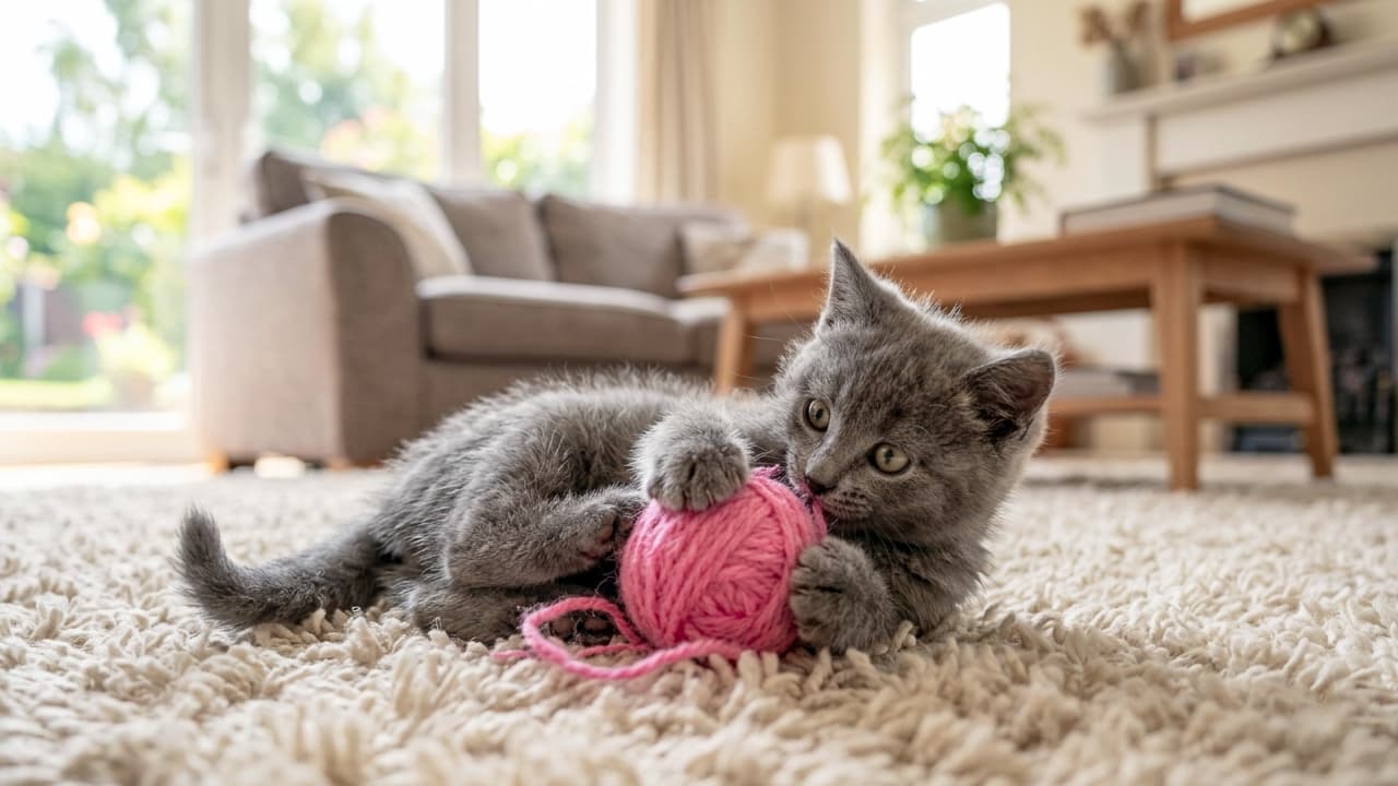 「毛糸玉は絶対に離さないにゃっ!🧶🐈⬛ 一生懸命遊ぶ姿がたまらない🥹💕 お家でのんびり過ごす休日の風景🏠 #グレー猫 #やんちゃ猫 #インテリア」Ultra-realistic high-quality photograph of a fluffy gray kitten (resembling a Russian Blue or British Shorthair) playing with a vibrant pink ball of yarn on a white shaggy rug in a bright living room. The kitten has bright amber eyes and a dynamic pose. The elegantly blurred background shows a sofa, wooden table, and houseplants, conveying a warm, stylish home environment. 明るいリビングルームのふかふかした白いシャギーラグの上で、ビビッドなピンク色の毛糸玉に前足をかけてじゃれつくグレーの子猫(ロシアンブルーまたはブリティッシュショートヘア風)。輝く琥珀色の瞳と、躍動感のあるポーズが特徴。背景にはソファや木製のテーブル、観葉植物が柔らかくぼかして配置され、洗練された家庭の温かみを感じさせます
