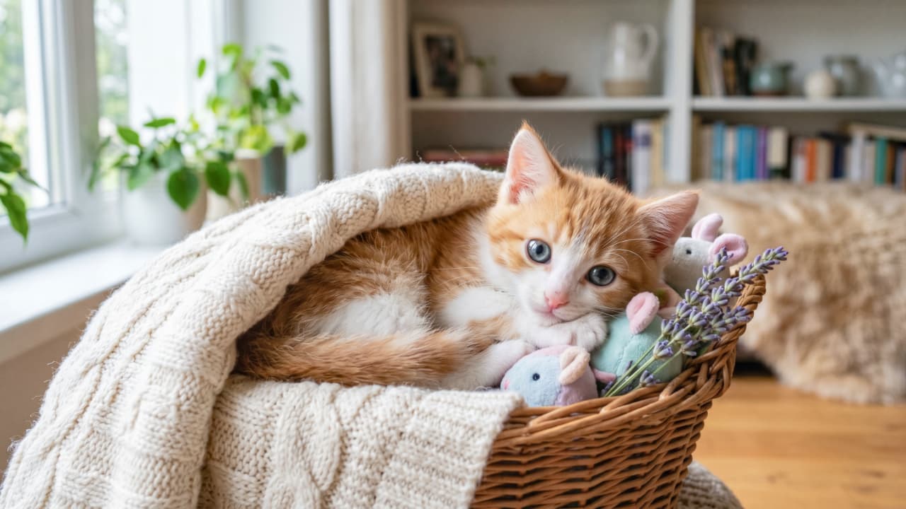 「ぬくぬくブランケットからこんにちはニャッ🧺🌿ラベンダーの香りに包まれて、とってもリラックス中…✨」Ultra-realistic high-quality photograph of an orange and white bicolor kitten resting inside a wicker basket under a knitted blanket. A bunch of lavender lies in front, creating a relaxing and soft atmosphere. ナチュラルなインテリアの部屋の窓辺で、編みカゴの中の白いケーブルニットブランケットに包まれた茶白(ハチワレ模様)の子猫が横たわっています。澄んだブルーの瞳で優しくカメラを見つめており、手前にはラベンダーのドライフラワーが添えられた、穏やかな光の写真