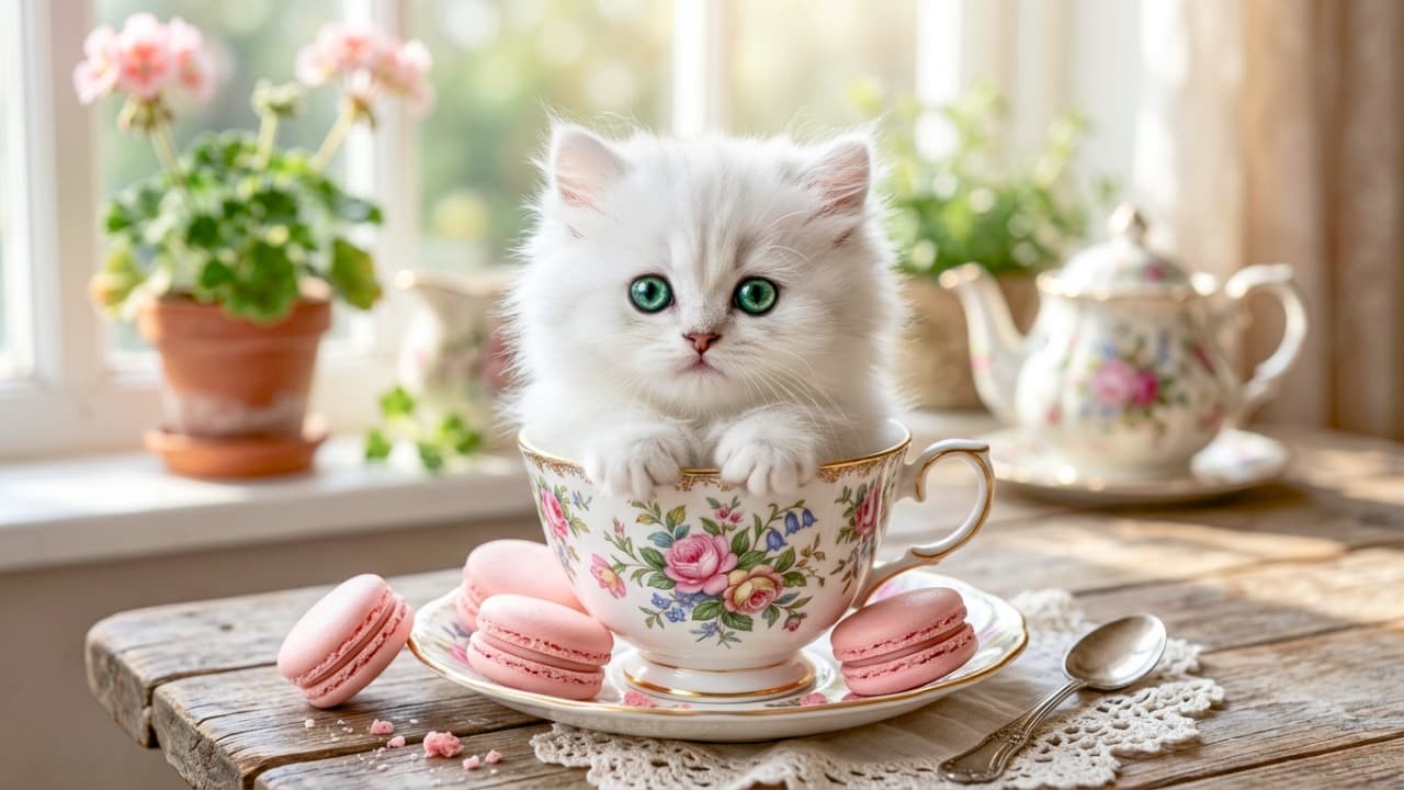 「ティーカップの妖精さん見つけた🧚♀️☕️🤍 甘いマカロンと可愛い子猫の組み合わせ、もはや罪な可愛さ…🎀✨ #白猫 #ティータイム #メルヘン」Ultra-realistic high-quality photograph of a pure white fluffy kitten (resembling a Persian) sitting inside an elegant antique floral teacup. The kitten has large, jewel-like emerald-green eyes and rests its paws on the rim. Pink macarons are scattered on the wooden table, with pink flowers and a teapot in the softly blurred background, creating a fairy-tale ambiance. エレガントな花柄のアンティークティーカップにすっぽりと入り込み、こちらを見つめるペルシャ猫風の純白の長毛子猫。宝石のようなエメラルドグリーンの大きな瞳と、カップの縁にかけたふわふわの前足が印象的。木のテーブルにはピンクのマカロンが散りばめられ、背景の窓辺にはピンクの花とティーポットが並ぶ、おとぎ話のようなメルヘンチックな世界観
