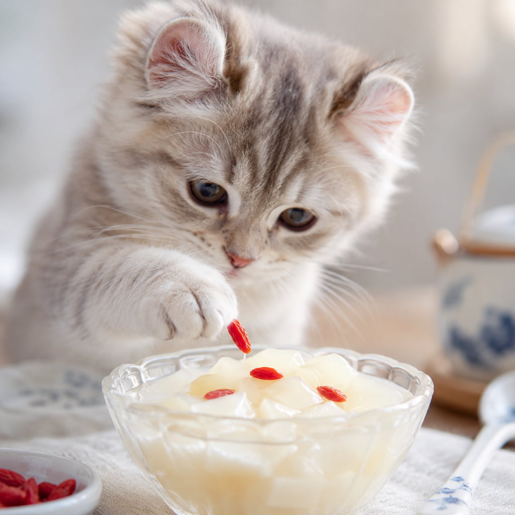 「最後の仕上げはボクの肉球におまかせ🐾 クコの実をちょこん、特製スイーツの完成ニャよ✨ #おうちカフェ #猫スイーツ」An ultra-realistic high-quality photograph of American Curl kitten delicately placing a red goji berry onto a bowl of translucent white jelly using its tiny paw. The bright, soft-focused background features a ceramic teapot and elegant dessert setting on a linen tablecloth. 明るくナチュラルな室内で、ふさふさとした淡いグレーとホワイトの被毛を持つ愛らしいアメリカンカールの子猫が、ガラスの器に盛られた真っ白な杏仁豆腐のようなゼリーの上に、小さな前足の爪先で赤いクコの実をそっと優しくトッピングしているクローズアップ写真。右奥には上品な陶器のポットが見えます