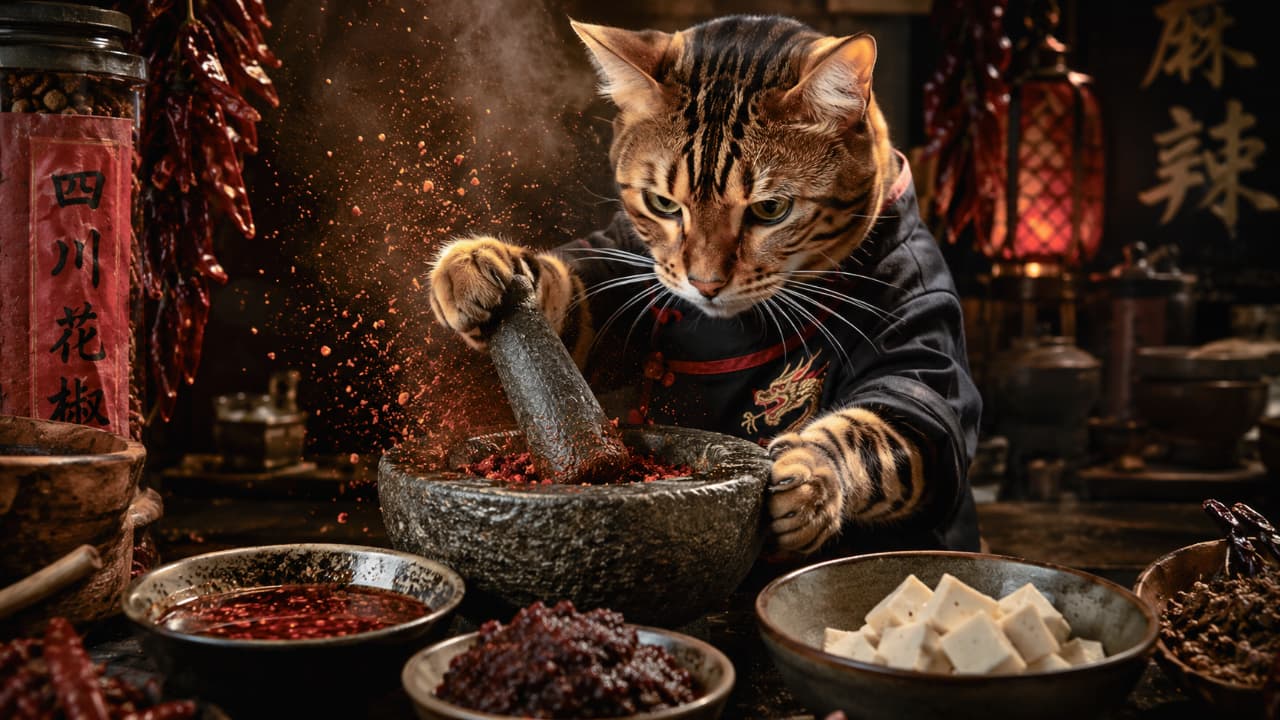 「「秘伝の麻辣スパイス、極上の刺激を届けるニャ!🌶️✨」本格派シェフのこだわりを応援してくれる人はいいねを!」An ultra-realistic high-quality photograph of a Bengal cat chef dressed in a black culinary uniform with gold dragon embroidery, intensely crushing red chilies and Sichuan peppercorns using a stone mortar and pestle. Spicy dust particles fly through the air, with bowls of tofu and chili oil in the foreground and a rustic kitchen with dried chilies in the background. 伝統的な中華厨房で、金龍の刺繍が入った黒い調理服を着たベンガル猫シェフが、石臼とすりこぎを使って赤唐辛子や花椒を力強く叩き潰しているリアルな写真。飛び散るスパイスの粉塵と湯気が劇的に描かれ、手前には麻婆豆腐の材料である豆腐や辣油の小鉢が並び、背景の「麻辣」の文字と吊るされた唐辛子が本格的な辛さを演出