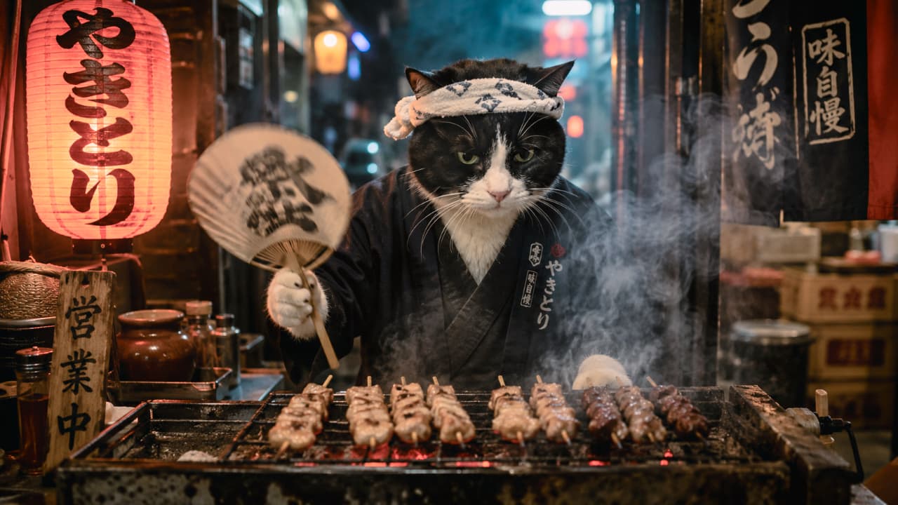 「今夜も路地裏でひっそり営業中ニャ。煙にまかれても、美味しく焼くためのうちわの手は止めないのさ🐾 #大将のこだわり #ネコスタグラム」Ultra-realistic high-quality photograph of a focused black and white cat chef grilling savory yakitori skewers in a dark night alley shop. The scene is richly detailed with a traditional red lantern, an "Open" wooden sign, and atmospheric smoke caught in the warm ambient light. 夜の路地裏にある焼き鳥屋の店頭で、ねじり鉢巻きをした黒白のハチワレ猫のシェフが、真剣な眼差しで焼き台の上の串焼きを見つめている写真。「味自慢」と書かれた紺色の暖簾と「営業中」の木札、そして左側にある「やきとり」の大きな赤提灯の温かい光に照らされ、炭火から立ち上るリアルな煙が幻想的な雰囲気を醸し出しています