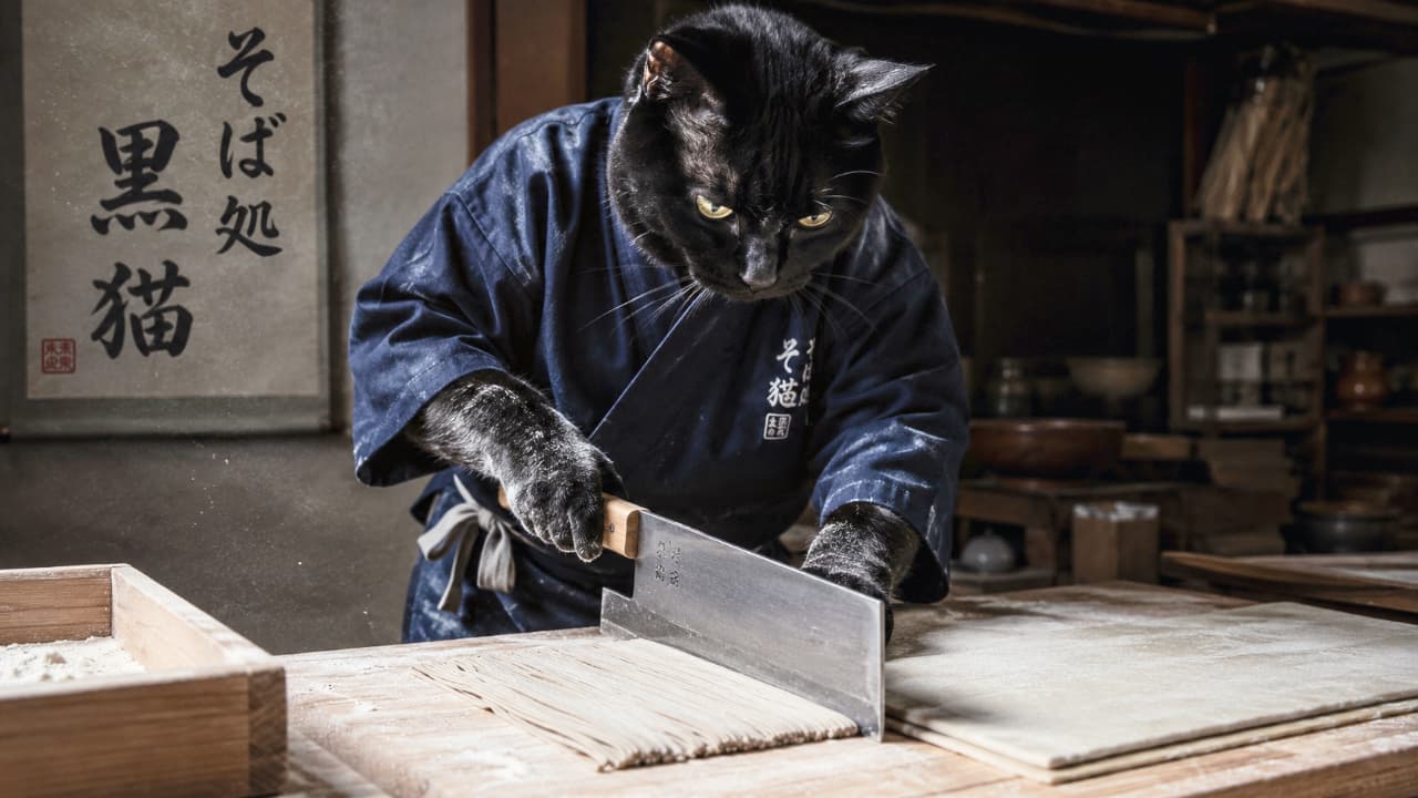 「一刀入魂ニャ!🐾 本日の特製手打ち蕎麦、まもなく茹であがります。大将、おかわり! 🥢✨ #蕎麦職人 #職人猫」An ultra-realistic photograph of a black cat chef wearing a traditional blue samue, masterfully cutting soba noodles with a specialized knife on a wooden board in a rustic Japanese kitchen. 紺色の作務衣を着た黒猫の職人が、薄暗い和風の厨房で本格的な蕎麦を包丁で切るリアルな写真。背景には「そば処 黒猫」の掛け軸があり、木製のまな板の上で丁寧に調理する様子