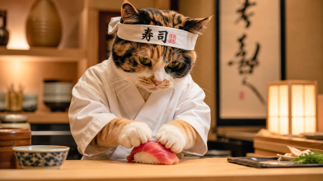 「三毛自慢の特上マグロ、お待ち!🍣✨ ネタもシャリも最高の仕上がりニャ。 #寿司職人 #日本の文化」An ultra-realistic capture of a calico cat sushi chef wearing a branded headband, meticulously shaping a tuna nigiri sushi behind a wooden counter. 「寿司」と書かれた鉢巻きと白衣を身にまとった三毛猫のシェフが、寿司のカウンターでマグロの握り寿司を真剣に握るリアルな写真。背景には和風のインテリア