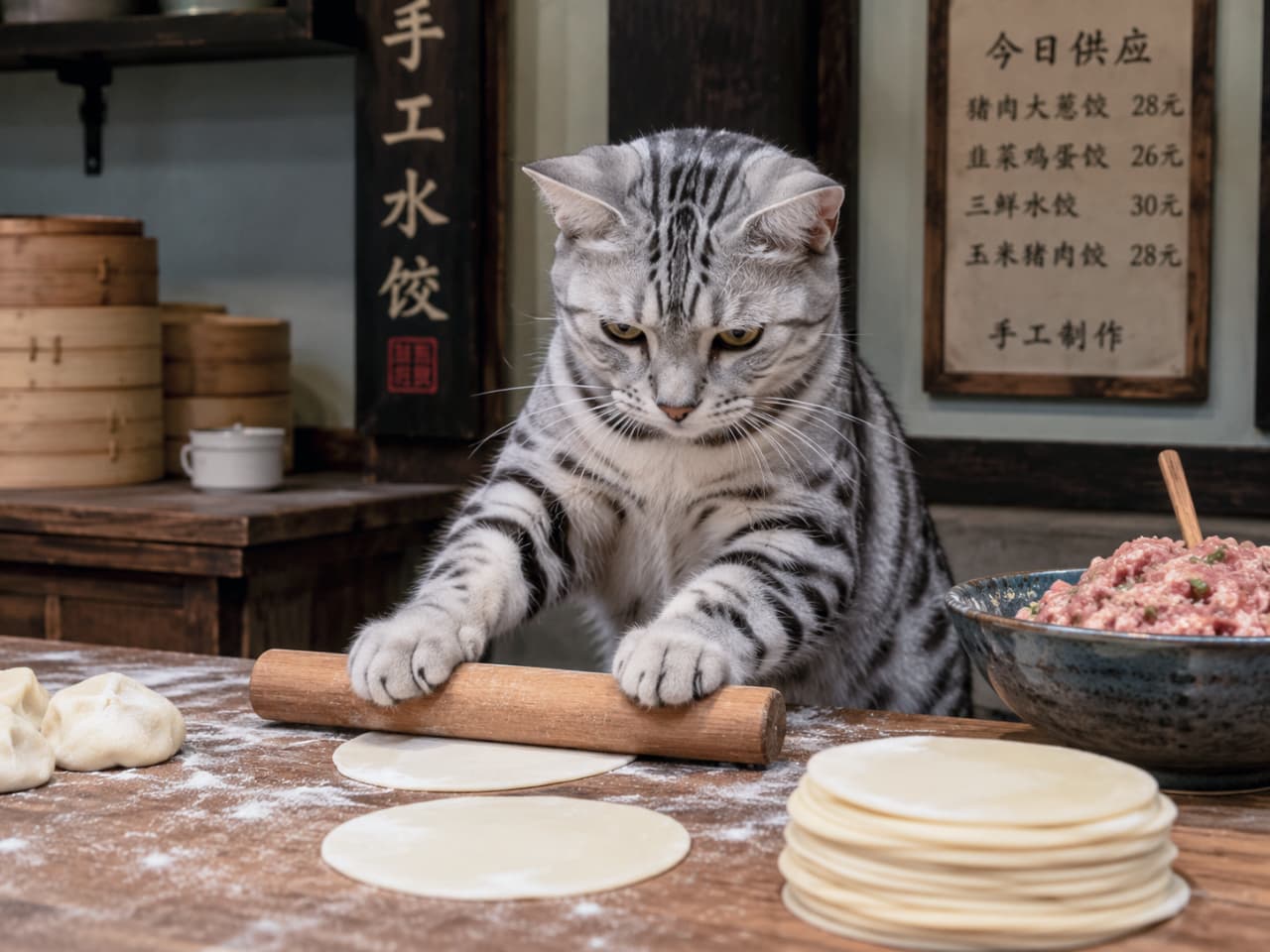「「皮から手作りが自慢の水餃子ニャ!自慢のコシを楽しんでね🥟✨」職人の技に感動したらいいねをぽちっと🐾」An ultra-realistic high-quality photograph of a spotted Egyptian Mau cat chef expertly flattening dumpling dough with a wooden rolling pin in a retro Chinese kitchen. A neat stack of dumpling wrappers and a bowl of meat filling rest on the floured wooden table, framed by traditional menu signs on the wall. レトロな中華街の厨房で、斑点模様のエジプシャンマウ猫が、両前脚で木製の麺棒を握り、餃子の皮を丸く伸ばしているリアルな写真。テーブルにはきれいに重なった餃子の皮とひき肉の餡が入ったボウルがあり、背景の壁には「手工水餃」などの漢字メニューが掲げられ、職人の実直な雰囲気が伝わります