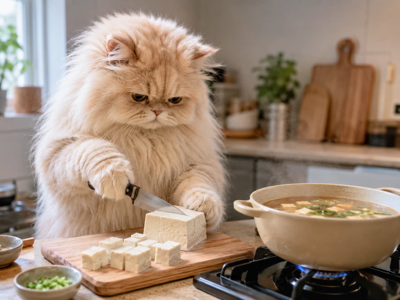 「今日のご飯はあったかお味噌汁ニャ。トーフのサイズは1ミリの狂いも許さない、超真剣なモフモフ職人🐾 #おうちごはん #猫のいる暮らし」Ultra-realistic high-quality photograph of a fluffy cream-colored exotic longhair cat meticulously cutting a block of tofu into perfect cubes on a wooden cutting board. A steaming pot of miso soup sits on the stove nearby, illuminated by soft natural light streaming through the kitchen window. 清潔感のあるナチュラルなキッチンで、モフモフした長毛が特徴的なクリーム色のエキゾチックロングヘアの猫が、右前足で包丁を握り、木製のまな板の上の豆腐を綺麗なサイコロ状にカットしている写真。コンロの上には湯気が立つ具だくさんのみそ汁の鍋があり、窓からの柔らかな自然光が猫の豊かな被毛を優しく包み込んでいます