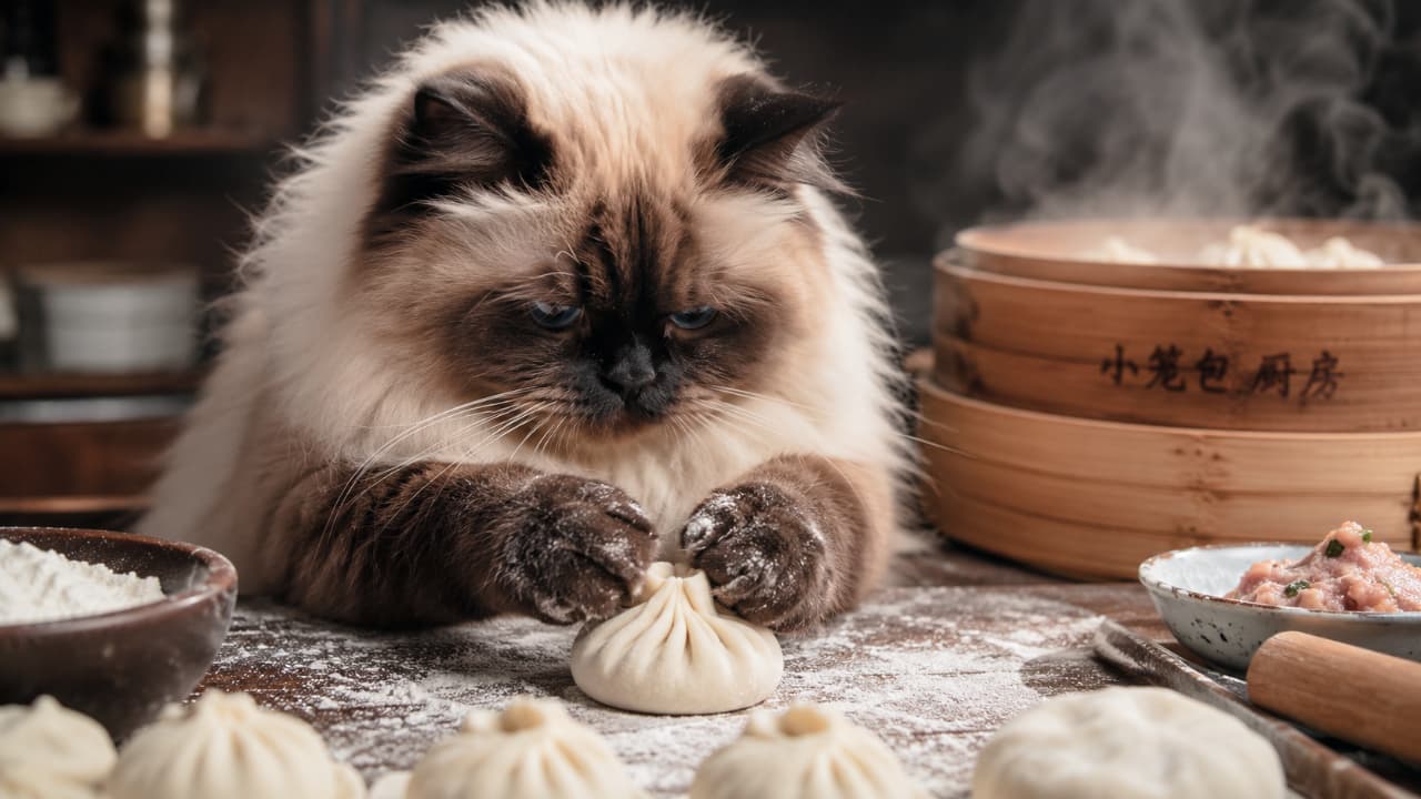 「「肉汁をぎゅっと閉じ込めるニャ… dumpling✨」できたてアツアツの小籠包、食べたい人はいいねしてね🐾」An ultra-realistic high-quality photograph of a long-haired Himalayan-style cat chef with dark points, focused intently on meticulously folding a xiaolongbao dumpling on a flour-dusted wooden counter. In the background, wooden steamers release gentle plumes of steam, with raw ingredients and finished dumplings beautifully arranged in the foreground. 湯気が立ち上る木製の蒸籠(せいろ)が置かれた厨房で、顔と前脚がダークブラウンの長毛種ヒマラヤン風の猫が、粉のついたふっくらとした手元で小籠包の生地を丁寧に包んでいる写真。テーブルの上には成形された小籠包やひき肉の餡が並び、猫の青い瞳が真剣に手元を見つめる様子が職人気質な温かみを醸し出しています