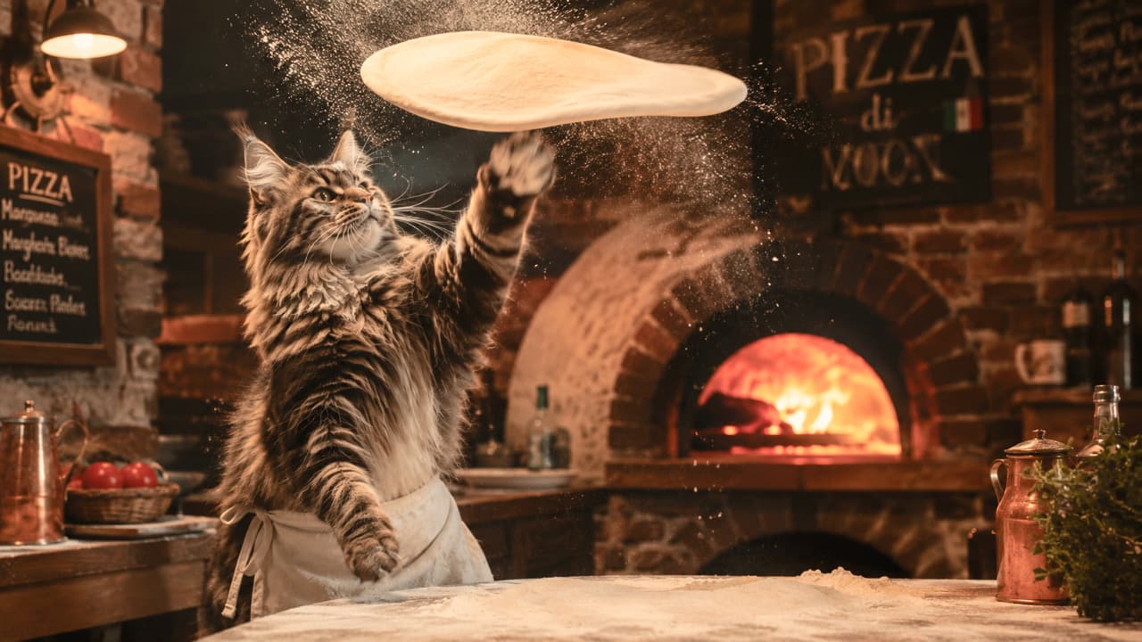 「「俺のピザは一味違うぜ!」激しく燃える石窯の前で、豪快に生地を回すメインクーンの凄腕ピザ職人降臨🍕🐾 #ピザ職人 #かっこいい猫」Ultra-realistic high-quality photograph of a dramatic Maine Coon cat chef spinning pizza dough high in the air inside a rustic Italian pizzeria. Flour dust particles sparkle in the light, with a blazing brick pizza oven glowing intensely in the dark background. 本格的なイタリアンピッツェリアの厨房で、白いエプロンを腰に巻いたブラウンタビーのメインクーンシェフが、前足を高く突き上げてピザ生地を宙でダイナミックに回している写真。周囲には小麦粉が美しく舞い散り、背景には真っ赤な炎が激しく燃えるレンガ造りのピザ窯やオリーブオイルの瓶が写り、ドラマチックな光が差し込んでいます