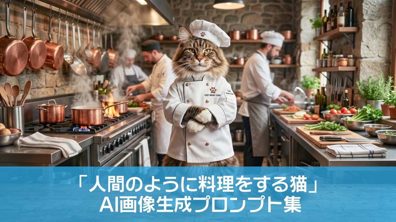 「本日の一流シェフはメインクーンさん！「美味しいご飯をお作りいたしますにゃ」ってドヤ顔が最高🍳✨」Ultra-realistic high-quality photograph of a majestic Maine Coon cat dressed as a professional chef in a bustling kitchen. The cat wears a chef's hat and coat, standing confidently with folded paws behind a wooden counter. プロ仕様の本格的な厨房の木製カウンターの後ろに、コックコートとシェフ帽を身にまとった長毛種のメインクーンが腕を組んで堂々と立っています。美しいタビー模様の被毛と立派な耳毛（タフト）を持ち、背景では他の料理人たちが忙しく調理している、リアルでファンタジックな写真