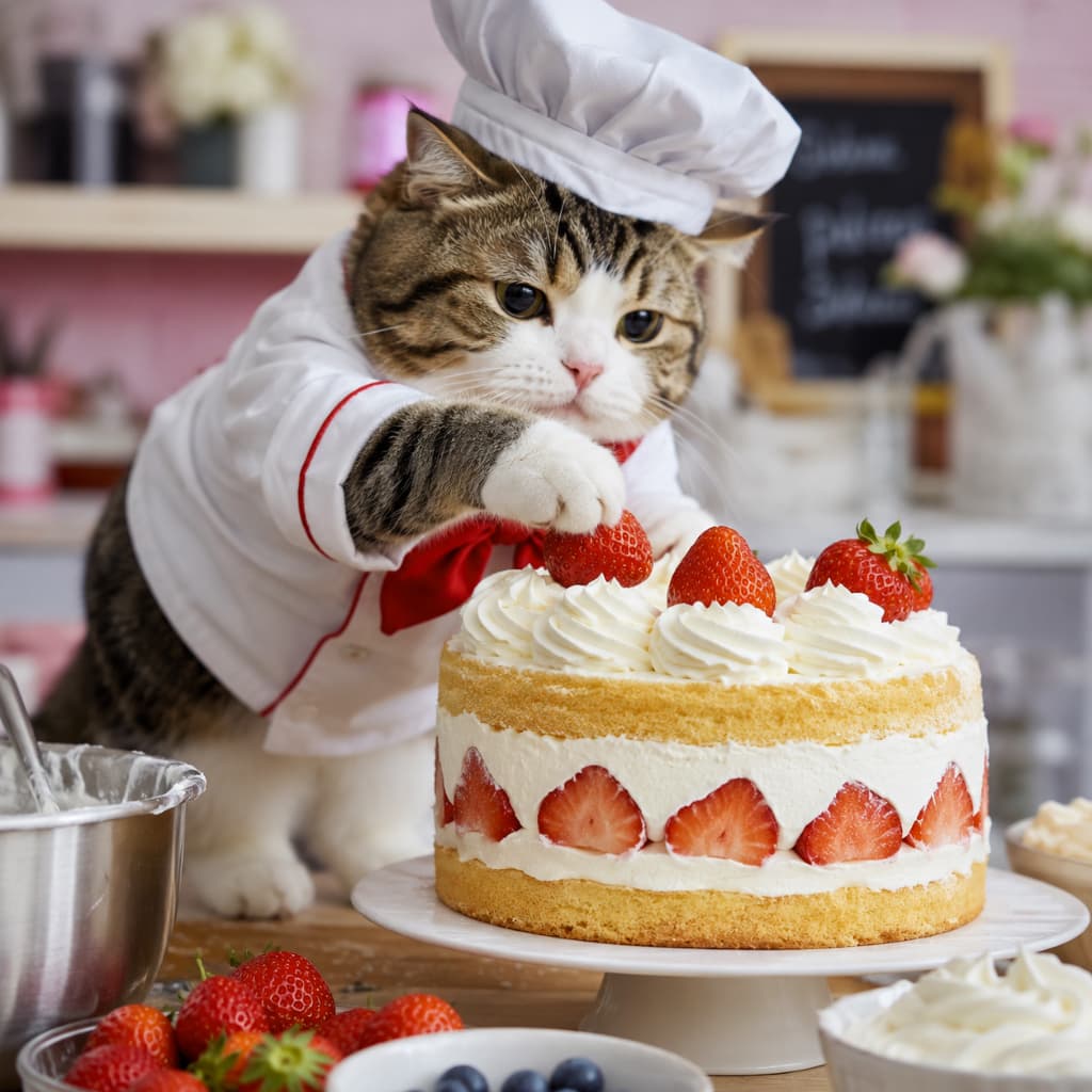 「「最後の仕上げのイチゴをトッピングニャ!🍓🍰」甘〜い幸せをお届け!スイーツ大好きな人はいいねしてね🐾」An ultra-realistic high-quality photograph of a cute Scottish Fold cat chef in a white toque and red bow tie uniform, carefully placing a fresh strawberry onto a beautifully layered cream sponge cake. The bright pastel pink bakery background features extra strawberries and baking bowls, radiating a sweet and charming ambiance. 淡いピンクの可愛らしい製菓厨房で、コック帽と赤い蝶ネクタイの制服を着たキジ白のスコティッシュフォールド(垂れ耳)が、丸いショートケーキの頂点にイチゴを優しく乗せているクローズアップ写真。ケーキの断面には綺麗に並んだイチゴと生クリームが見え、手前にはクリームの入ったボウルや新鮮なフルーツが配置されています