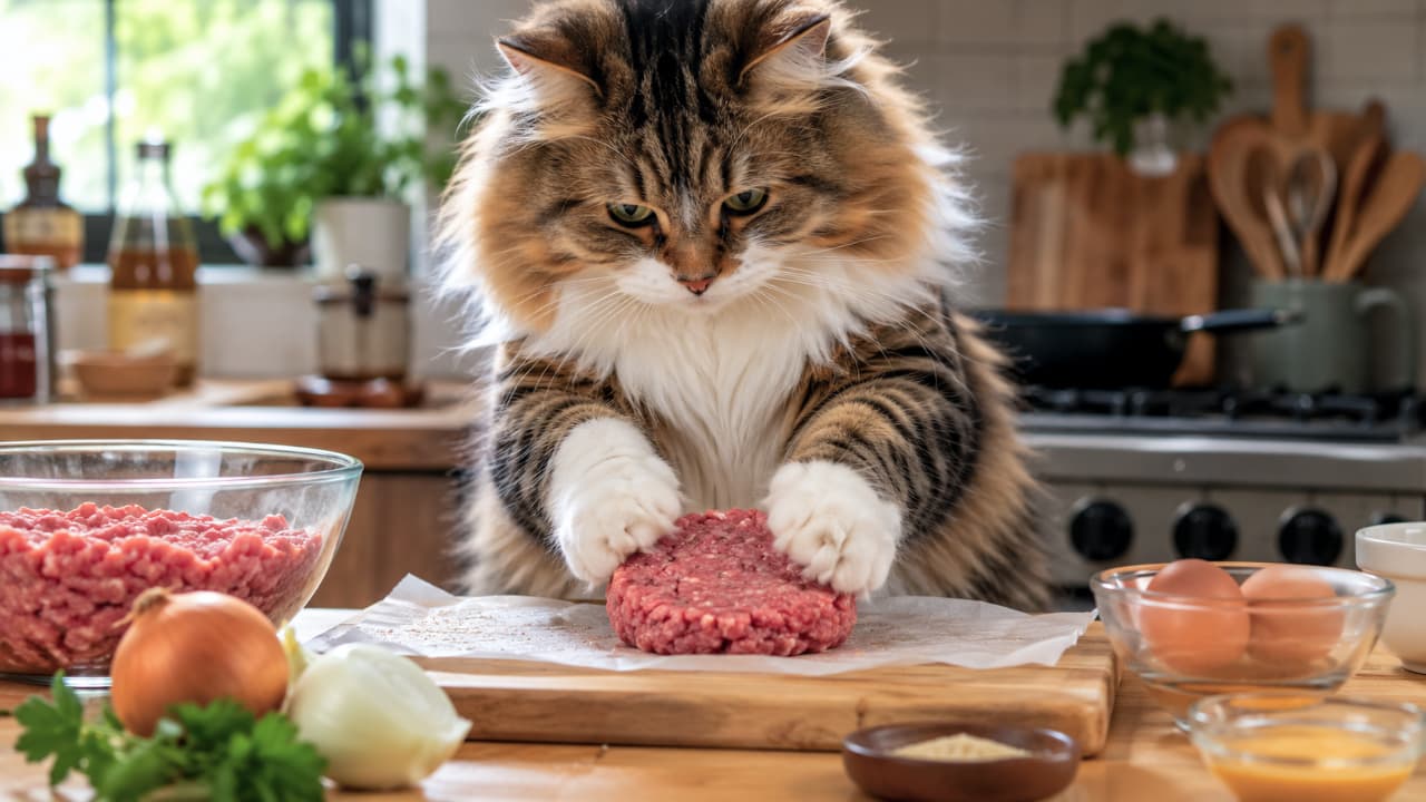 「ここからが職人の腕の見せ所ニャ…綺麗な丸型にするのがコツなんだから!丸めるの楽しいニャ〜ふふっ🐾」An ultra-realistic high-quality photograph showcasing a fluffy Norwegian Forest Cat style chef rolling a raw meatball in a rustic kitchen. The foreground features beautifully blurred ingredients like garlic and onions, while the background exhibits hanging vintage cookware, creating a wonderful contrast with the cat's cute paws. クラシックなキッチンで、ノルウェージャンフォレストキャットが、生のひき肉の塊を両手で丸めてパティを作っている写真。手前には大きくボケた玉ねぎやニンニクが配され、背景の壁に掛けられた黒いフライパンやキッチンガジェットが、本格的な男の料理のような渋さと、猫のモフモフした愛らしさのギャップを引き立てています