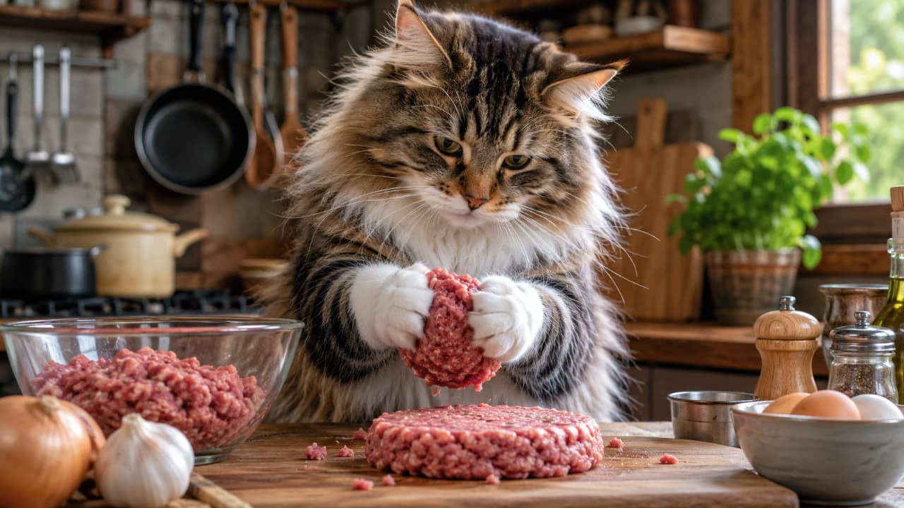 「肉汁をしっかり閉じ込めるように、優しく、かつ大胆に捏ねるのニャ!ふふ、美味しそうでしょ?❤️」An ultra-realistic high-quality photograph of a Norwegian Forest Cat with brown tabby and white fur, gently shaping a raw hamburger patty on a wooden cutting board. The cozy, country-style kitchen background features ingredients like onions and eggs, illuminated by soft, natural window light. 温かみのある木製キッチンで、ブラウンタビー&ホワイトの豪華な被毛を持つノルウェージャンフォレストキャットが、白いソックスのような前脚で生のハンバーグパティを丁寧に成形している正面写真。手元には新鮮なひき肉、玉ねぎ、卵が美しく配置され、窓からの柔らかな光が猫の豊かな胸毛と真剣な表情を優しく包み込んでいます