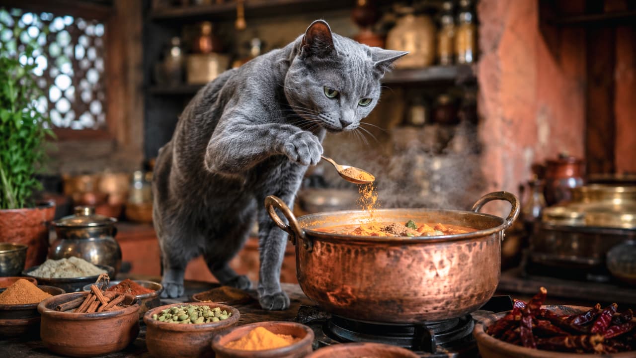 「今日の日替わりはボク特製の本格スパイスカレーニャ🐈仕込みの仕上げに、隠し味の愛情をひとさじ🐾 #猫シェフ #スパイスカレー」An ultra-realistic high-quality photograph of a sleek Russian Blue cat with emerald green eyes acting as a chef, carefully sprinkling yellow spice from a spoon into a steaming copper pot. The rustic kitchen background features various earthenware bowls filled with aromatic spices like cinnamon sticks and cardamoms under warm, atmospheric lighting. エキゾチックで温かみのある厨房で、美しいエメラルドグリーンの瞳を持つロシアンブルーの猫が、銅製の大きな鍋に向かってスプーンで黄色いスパイスを美しく振りかけている詳細な写真。手前の素焼きの器にはシナモンやカルダモン、チリなどの色鮮やかなスパイスが並び、調理の熱気と湯気がリアルに描写されています