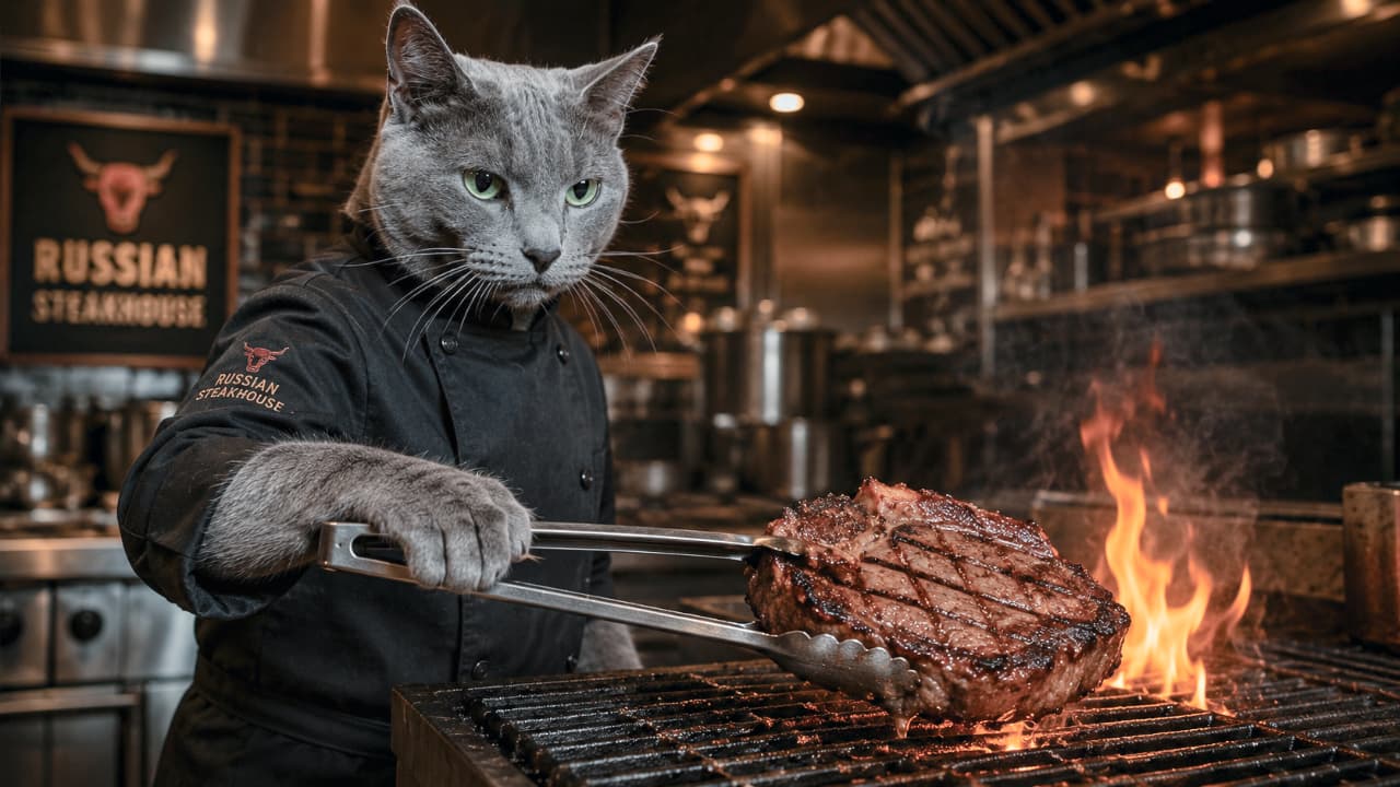 「「焼き加減はミディアムレア、君の好みに合わせるよ…」黒のシェフコートが似合いすぎる、最高にクールなロシアンブルー大将🥩🐾 #ステーキハウス #イケメン猫」Ultra-realistic high-quality photograph of a sleek Russian Blue cat chef in a black uniform, masterfully using metal tongs to flip a thick, perfectly seared ribeye steak on a flaming grill inside an upscale steakhouse. The orange flames contrast beautifully with the cat's silvery-gray fur and vivid green eyes. 高級ステーキハウスのスタイリッシュな厨房で、ロゴ入りの黒いシェフコートをクールに着こなしたロシアンブルーのシェフが、鮮やかなグリーンの目でグリルを見つめながら、右前足で金属製トングを使って綺麗な網目のついた分厚いステーキ肉をひっくり返している写真。グリルからはオレンジ色の炎が立ち上がり、猫の滑らかなグレーの被毛をドラマチックに照らしています