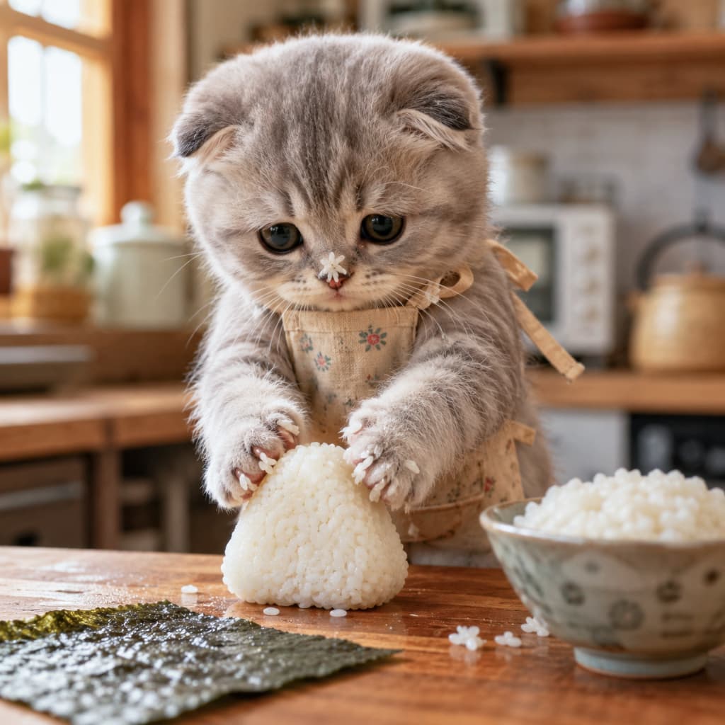 「愛情をこめて、にぎにぎ…🍙💕 鼻の上の米粒は、美味しさの隠し味ニャ! #おにぎり #癒やし猫」An ultra-realistic adorable shot of a Scottish Fold kitten wearing a tiny apron, carefully shaping a triangular rice ball with its paws, with a grain of rice on its nose. 小さなエプロンをつけたスコティッシュフォールドの子猫が、木製のテーブルで三角のおにぎりを一生懸命握るリアルな写真。鼻の頭に米粒がつき、手前には海苔が敷かれている