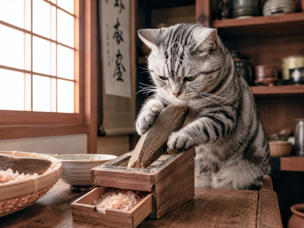 「これぞ本物の味の決め手ニャ!削りたての風味をそのままお届け。ゴリゴリ…🐾 #鰹節 #和食の基本」An ultra-realistic photo of a Silver Tabby cat focused on shaving a dried bonito block using a traditional Japanese wooden plane. サバトラ猫が、昔ながらの木製削り器を使って真剣な表情で鰹節を削るリアルな写真。手元には削りたての鰹節が溜まっている