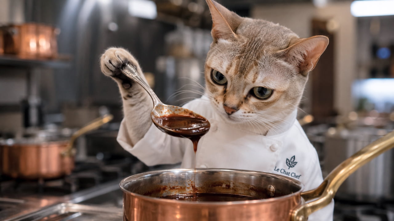 「「本日の特製デミグラス、完璧な仕上がりニャ…お味見する?🐾✨」至高のひと皿に魂を注ぐ猫シェフ🐈⬛❤️」An ultra-realistic high-quality photograph of a Singapura-style cat chef wearing a white chef uniform, carefully inspecting dark sauce on a silver spoon over a copper pot in a professional kitchen. The cat has large, luminous gold eyes and beautifully ticked sepia fur, with a softly blurred background of stainless steel culinary equipment. 厨房でコックコートを着たシンガプーラ風の猫シェフが、銅製の鍋から特製ソースをスプーンですくい上げ、真剣に見つめているクローズアップ写真。大きなゴールドの瞳とセピア色の美しいチッキング毛が光に映え、背景のステンレス製プロ仕様キッチンのボケ感が中央の猫の存在感を引き立てている最高画質のリアルな1枚