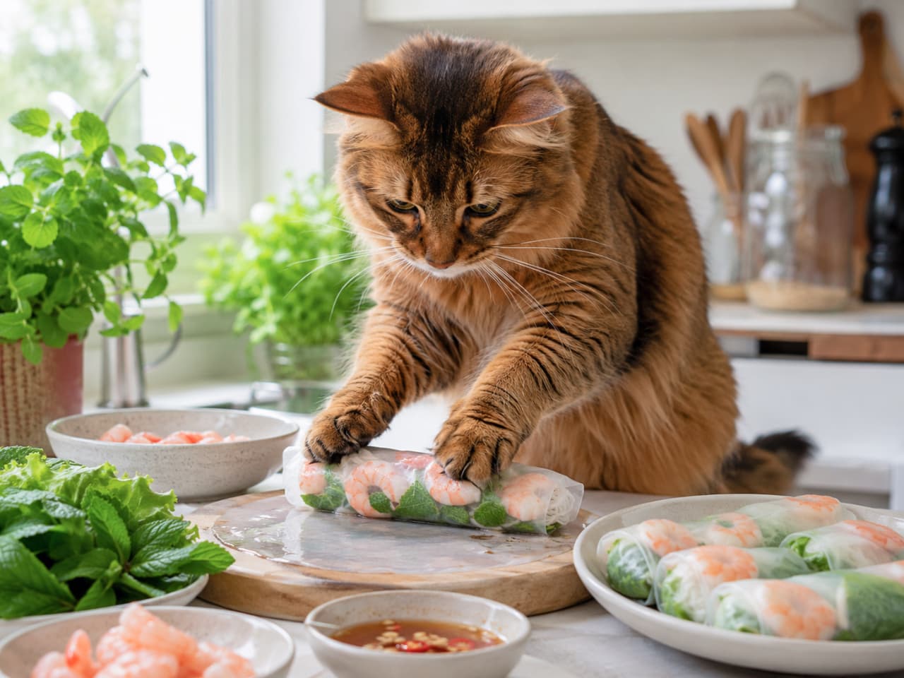 「エビとハーブを優しくくるくる…🐾 ボクの肉球にかかれば、生春巻きだってこんなに綺麗に巻けちゃうニャよ🌿🦐 #ヘルシーレシピ #生春巻き」An ultra-realistic high-quality photograph of a fluffy Somali cat acting as a chef, meticulously rolling a fresh Vietnamese spring roll filled with plump shrimps and mint leaves. The bright, clean kitchen counter is filled with ingredients like fresh herbs and dipping sauce. るく清潔感のあるキッチンカウンターの上で、ふさふさとしたルディ毛色のソマリ猫のシェフが、ライスペーパーの上に美しく並んだぷりぷりのエビやミント、麺を両前足で器用にくるくると巻いて生春巻きを作っている詳細な写真。手元には新鮮なハーブやエビのボウル、完成した皿が並んでいます