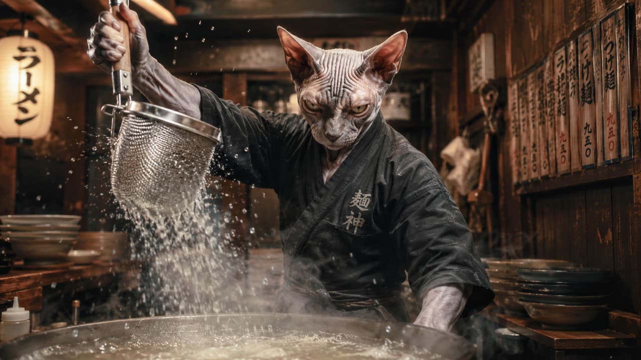 「一杯入魂!我が「麺神」のラーメン、残さずすするニャよ?🍜🔥 この鋭い眼光に仕上がりの自信あり! #頑固親父 #ラーメン職人」An ultra-realistic high-quality photograph of a fierce Sphynx cat dressed as a traditional Japanese ramen chef in a black samue uniform. The cat holds a noodle strainer high, creating dramatic water splashes and rising steam over a boiling cauldron inside a nostalgic, dimly lit ramen shop. 渋い木造りの日本のラーメン店で、黒い作務衣(胸に「麺神」の刺繍)を着たスフィンクス猫の職人が、鋭い眼光で湯切り用のテボ(振りザル)をダイナミックに掲げ、湯気と激しい水しぶきを飛ばしている大迫力の写真。背景にはメニューの木札や提灯、重ねられたラーメン鉢が並んでいます