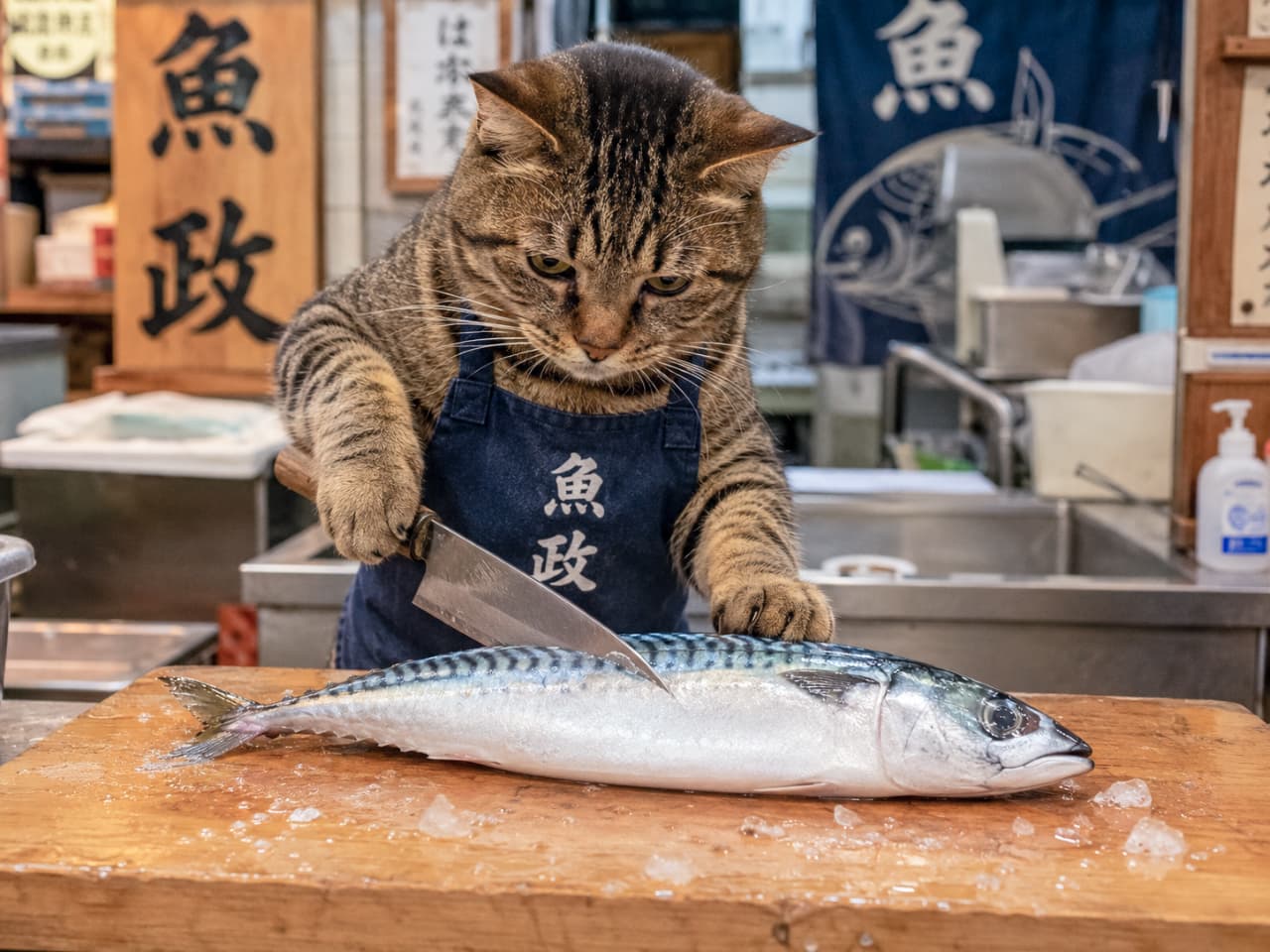 「今日のサバは脂が乗ってて最高ニャ!さあ、見事な三枚おろしを見せるニャ。🐟🔪 #お魚天国 #職人技」An ultra-realistic shot of a tabby cat wearing a fishmonger apron, expertly slicing a fresh whole mackerel with a traditional kitchen knife. 「魚政」とプリントされたデニムエプロンを着たキジトラ猫が、木製のまな板の上で新鮮なサバに真剣な表情で包丁を入れるリアルな写真
