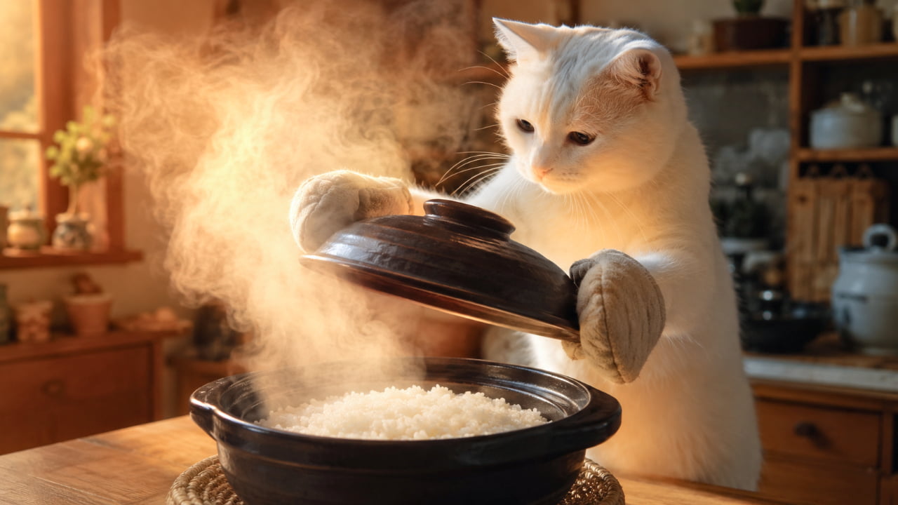 「パカッ!ふっくらツヤツヤの土鍋ご飯が炊けたニャ〜!🍚おこげもバッチリニャ! #土鍋ごはん #幸せの湯気」An ultra-realistic image of a white cat wearing oven mitts, lifting the lid off a traditional clay pot filled with perfectly cooked, steaming white rice. 白猫がキッチンで大きなミトンをはめ、炊きたてのご飯が詰まった土鍋の蓋を嬉しそうに開けるリアルな写真。ふんわりとした湯気と温かい光が包み込んでいる