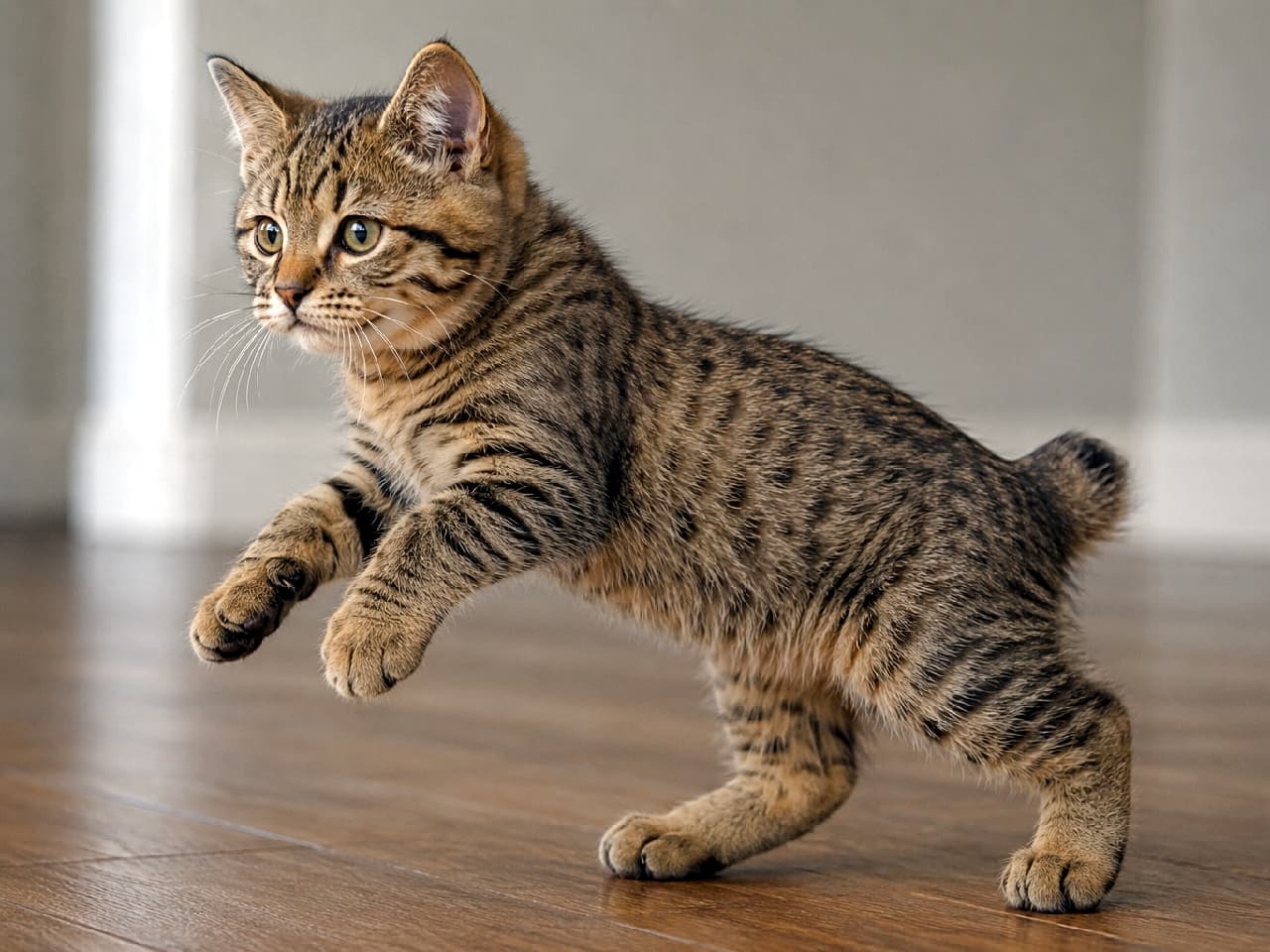 「「ぴょんっと立つニャ!」前足を浮かせた一瞬をキャッチ🐾短い尻尾と真剣なお顔が可愛すぎるニャ💕#躍動感 #ピクシーボブ #立ち猫 #癒やし #猫好き #美猫 #にゃんすたぐらむ #猫のいる暮らし #子猫 #猫好きさんと繋がりたい」An ultra-realistic high-quality photograph of a classic tabby Pixiebob kitten starting to rise on its hind legs, captured in a 30-degree side profile on a wooden floor, featuring its short bobtail and wildcat build under soft indoor light. 木目調床の上で両後ろ足をつけ、前足を浮かせ始めて立ち上がろうとするピクシーボブの子猫。約30度の角度からの斜め横姿で、特徴的な短いボブテイル、野性味あるクラシックタビー柄の毛並み、大きな足先と立った耳が柔らかな室内光のもと描かれています
