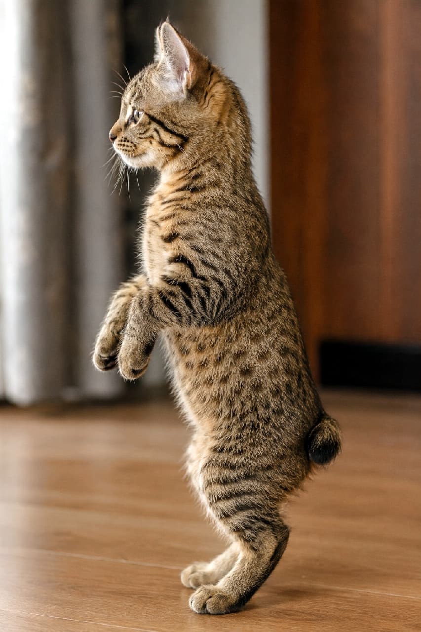 「「何かあるニャ?」前足を浮かせて興味津々🐾短いしっぽと立ち姿がたまらなくキュートニャ💕 #ピクシーボブ #立ち猫 #癒やし #猫好き #美猫 #にゃんすたぐらむ #猫のいる暮らし #子猫 #猫好きさんと繋がりたい」An ultra-realistic high-quality vertical photograph of a classic tabby Pixiebob kitten in a partial meerkat standing pose on a wooden floor, captured in a clean 90-degree side profile. The image showcases its short bobtail, wildcat coat, sturdy body, and upright ears under soft indoor light. 木目調フローリングの上で、ミーアキャットのように後ろ足を軽く曲げ前足を上げて少し前傾で立つピクシーボブの子猫。90度真横のサイドプロフィールで、野性的なクラシックタビー模様、短いボブテイル、立派な足と立った耳が柔らかな室内光のもと描かれています