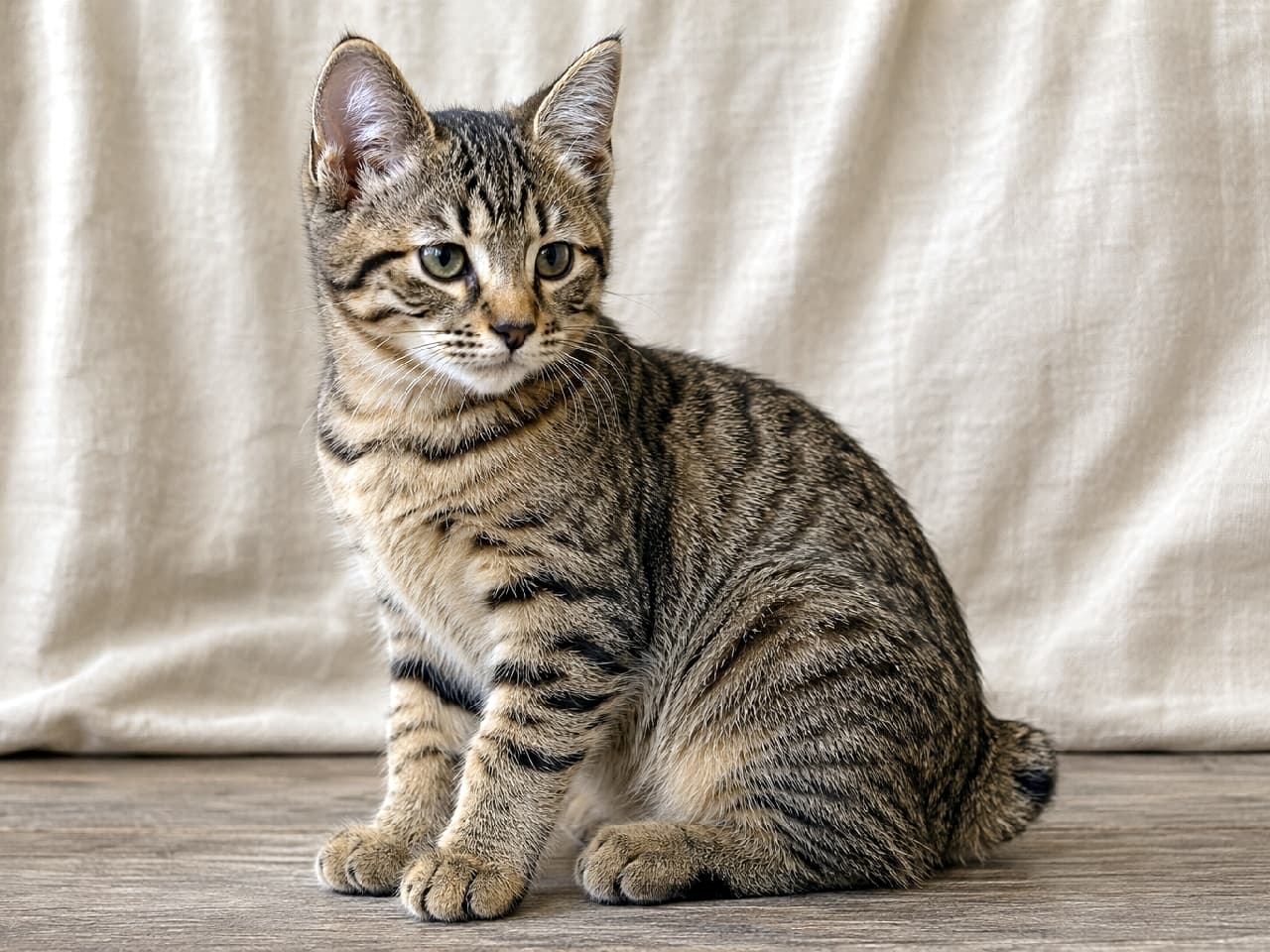 「ちょこんと座っておすまし顔ニャ?🐾短いしっぽと穏やかな佇まいがたまらないピクシーボブちゃん💕 #ピクシーボブ #立ち猫 #癒やし #猫好き #美猫 #にゃんすたぐらむ #猫のいる暮らし #子猫 #猫好きさんと繋がりたい」An ultra-realistic high-quality photograph of a classic tabby Pixiebob kitten sitting calmly on a wooden floor against a beige linen background in a 30-degree side profile, displaying its short bobtail, wildcat coat, and upright ears under soft indoor light. 木目調床と柔らかいリネン背景の前で、両前足を床につけて穏やかに座るピクシーボブの子猫。約30度の斜め横姿で、特有の短いボブテイル、野性味溢れるクラシックタビー柄、ピンと立った耳、深く落ち着いた瞳が自然な光のもと精細に描かれています