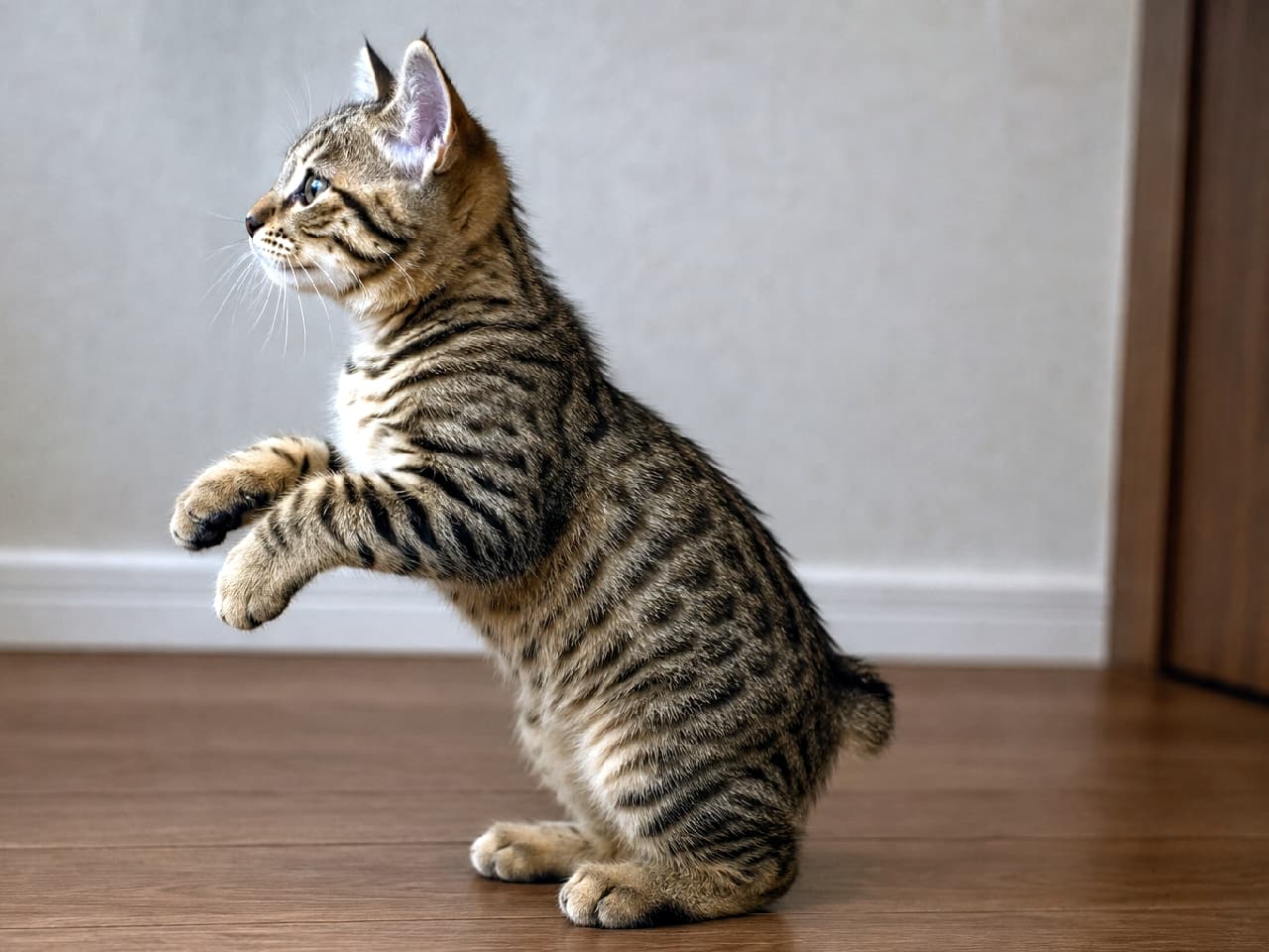 「前足をきゅっと上げて何を見つめてるニャ?🐾短い尾と立ち姿が可愛すぎるピクシーボブちゃん💕 #立ち猫 #癒やし #猫好き #美猫 #にゃんすたぐらむ #猫のいる暮らし #子猫 #猫好きさんと繋がりたい」An ultra-realistic high-quality photograph of a classic tabby Pixiebob kitten in a partial meerkat standing pose on a wooden floor, captured in a clean 90-degree side profile, displaying its naturally short bobtail, wildcat coat pattern, and alert expression under soft indoor light. 木目調フローリングの上で、ミーアキャットのように後ろ足を軽く曲げ前足を浮かせて立ち上がろうとするピクシーボブの子猫。左向き90度の真横アングルで、野性味のあるクラシックタビー柄、特徴的な短いボブテイル、しっかりとした四肢と立った耳が柔らかな室内光のもと描かれています