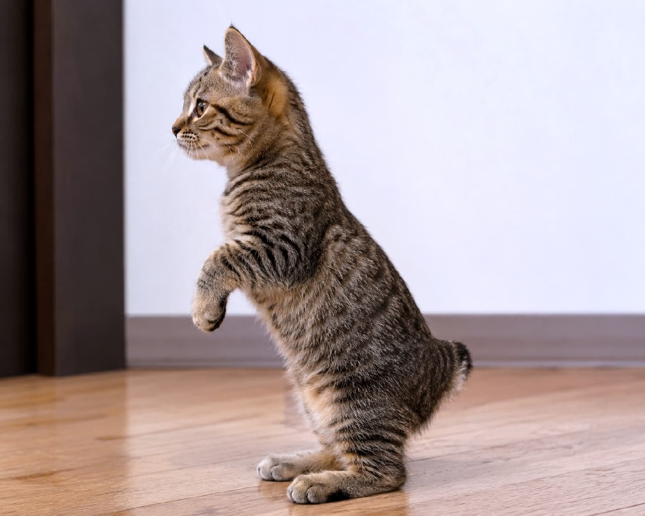 「「なにか聞こえたニャ?🐾」ちょこんと立ち上がる姿と短め尻尾が愛おしすぎるピクシーボブちゃん💕 #ピクシーボブ #立ち猫 #癒やし #猫好き #美猫 #にゃんすたぐらむ #猫のいる暮らし #子猫 #猫好きさんと繋がりたい」An ultra-realistic high-quality photograph of a classic tabby Pixiebob kitten standing in a meerkat-like pose on a wooden floor, facing left in a 90-degree side profile. The image clearly displays its naturally short bobtail, wildcat coat pattern, and muscular build under soft indoor lighting. 木目のフローリング上で、ミーアキャットのように後ろ足で直立し前足を浮かせるピクシーボブのクラシックタビー子猫。左向きの90度サイドプロフィールで、特徴的な短いボブテイル、野性的なブラウンの斑紋、ピンと立った耳、引き締まった体格が柔らかな室内光のもと高精細に描かれています