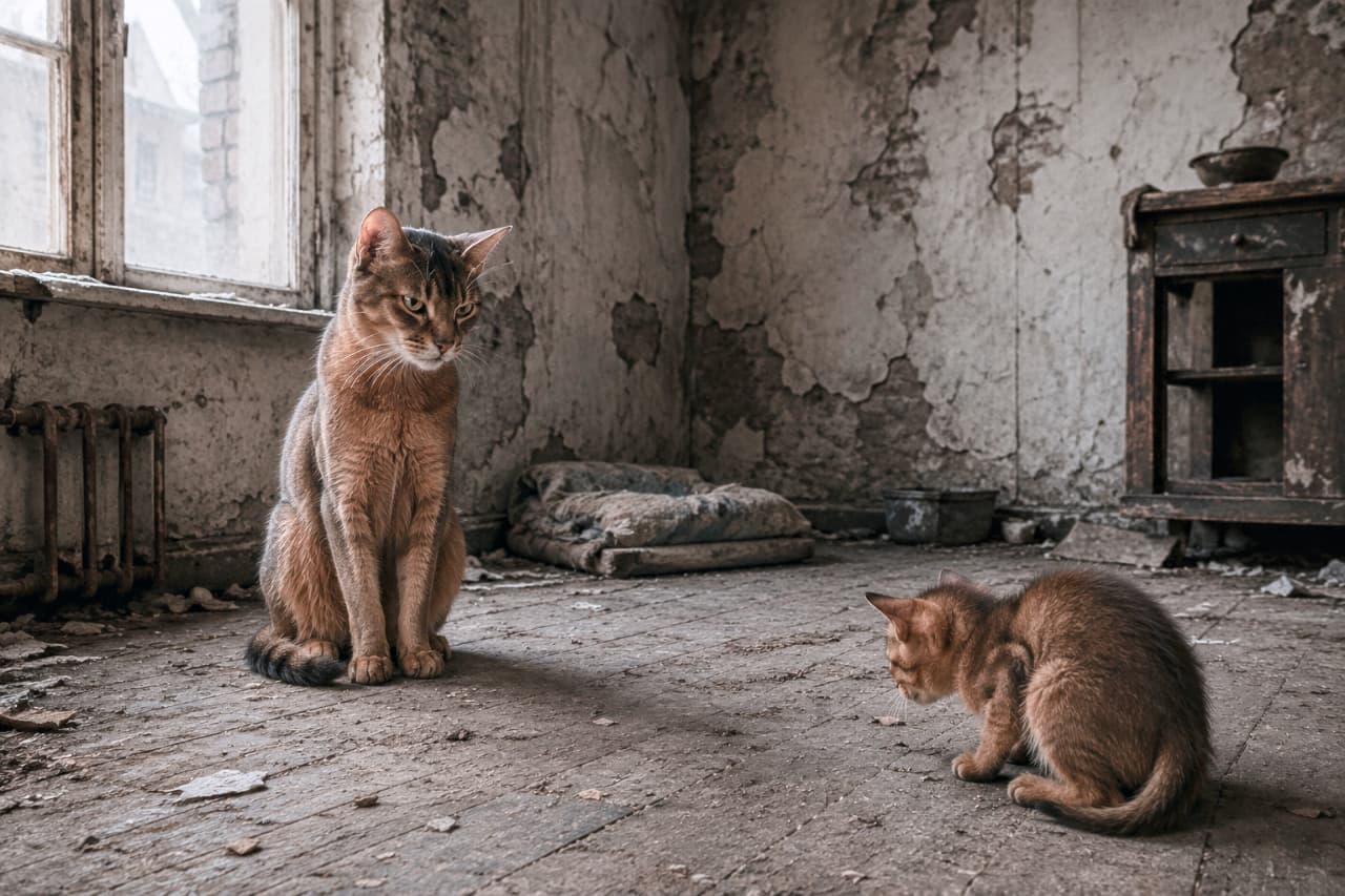 「静寂の中の教え🐈窓からの光に照らされる親子の姿がまるで映画のワンシーンのよう…🎬 #アビシニアン #エモい」Ultra-realistic high-quality photograph with a cinematic atmosphere, showing an Abyssinian mother cat sitting with dignity and looking down at her crouching kitten in a dimly lit, dilapidated room bathed in natural light from a window. 壁紙が剥がれた廃墟のような薄暗い部屋で、窓からの自然光に照らされるアビシニアン風の母猫と子猫。美しいルディカラーの母猫が威厳に満ちた姿勢で座って見下ろし、子猫は床を見つめて静かに丸まっています。厳しい環境下での自立を静かに促す、シネマティックな高画質写真