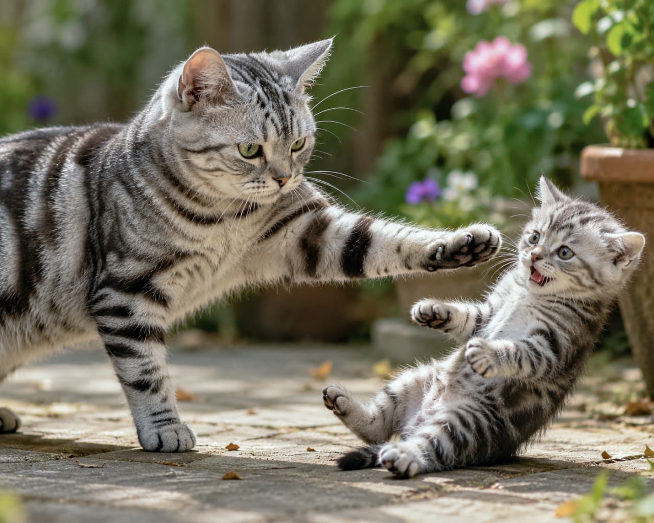 「「これ以上は危ないニャ！」ママの愛あるブロック🐾 お庭の冒険はちょっぴりほろ苦い結果に…？😳生け垣 #猫のいる暮らし」An ultra-realistic high-quality photograph of a dynamic shot of an American Shorthair mother cat firmly extending her front paw to halt her small kitten. The kitten is forced backward, losing its balance and stumbling slightly onto the floor with a startled expression in an outdoor garden with soft sunlight. 柔らかな光が差し込む美しい庭の石畳の上で、アメリカンショートヘアの母猫が前足をしっかりと伸ばして小さな子猫を制止し、子猫が驚いた表情でバランスを崩して後ろに倒れそうになっている躍動感あふれる写真。奥にはピンクや紫の花、植木鉢が綺麗にボケています