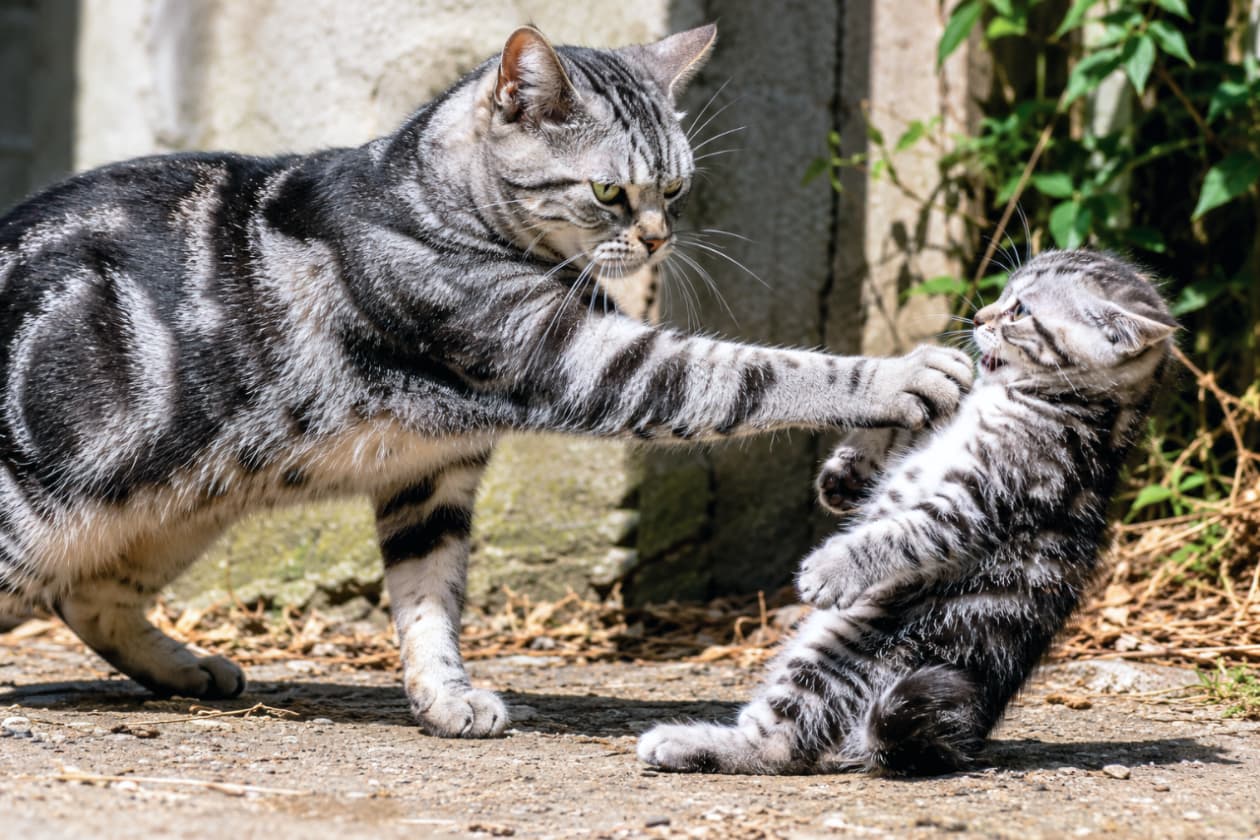 「容赦のない愛のムチ…！バランスを崩しながらも必死に耐える子猫が直面する、自然界の大切なルールです🥺🐈 #アメリカンショートヘア #自立への道」Ultra-realistic high-quality photograph capturing unsentimental wildlife behavior from a dynamic side-view angle. An American Shorthair mother cat extends her front paw, forcefully pushing her kitten backward to halt it. The mother maintains a cold, intense glare, while the kitten stumbles backward with a tucked tail, its mouth slightly open in submissive fear, eyes completely fixated on the mother. Harsh natural sunlight illuminates their coats against an old wall with hints of green foliage. Zero eye contact with the camera. 強い自然光が差し込む荒れた地面で、アメリカンショートヘアの母猫が伸ばした前足で子猫の胸を力強く押しとどめている。美しいシルバータビーの母猫は冷酷なまでに厳しい視線を向け、押された子猫は後ずさりしてバランスを崩し、恐怖で口をわずかに開けながらも母猫から目を逸らさずに服従の姿勢をとっている。背景の古びた壁と右端の緑の植物、そして地面の枯れ草が、過酷な自然環境と厳しい自立へのプロセスを物語る。カメラ目線はない