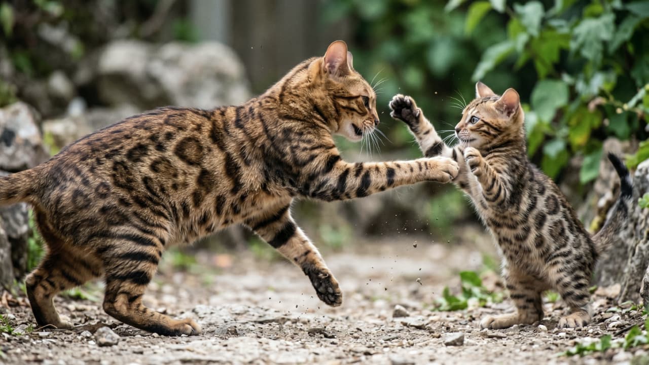 「母猫の容赦ない一撃を受け止め、鋭い眼差しで睨み返す子猫。ベンガル親子が魅せる、自立のための厳格な試練 #猫の生態 #ベンガルキャット #野生の本能」Ultra-realistic high-quality photograph captured as a high-speed action shot, presenting a pure profile view of both subjects in a somber, feral outdoor setting with gravel and foliage. Two Bengal cats are engaged in a severe skirmish. The mother on the left, with vivid rosette patterns, executes a forceful paw strike, her eyes locked ruthlessly on the kitten. The kitten on the right raises its paws defensively, glaring aggressively straight back at the mother. There is a complete lock of unbroken, fierce eye contact between them, totally ignoring the camera. The rustic environment emphasizes non-anthropomorphic, stark survival behavior during the weaning process. 屋外の荒れた礫岩と深い緑の草むらを背景に、野生味溢れるベンガル猫の母猫（左）と子猫（右）が真横からの完璧なプロファイル構図で激しく対峙している。左側の母猫は、鮮明なロゼット模様を持つ被毛を緊張させ、容赦のない冷徹な眼差しで子猫の顔を捉えながら、鋭く力強い前足の一撃を繰り出している。右側の子猫は、その圧倒的な威圧感に怯むことなく、防衛のために両前足を高く掲げ、挑戦的で激しい光を宿した瞳で母猫を真っ直ぐに睨み返している。二匹の間には外部の存在を一切拒絶する緊迫した視線の応酬があり、カメラへの意識は完全に排除されている。親が子の自立を促す過酷な自然界の営みと、内に秘めた野生の生存本能が、一瞬のブレもない高速シャッターで克明に切り取られたドキュメンタリー性の高い描写