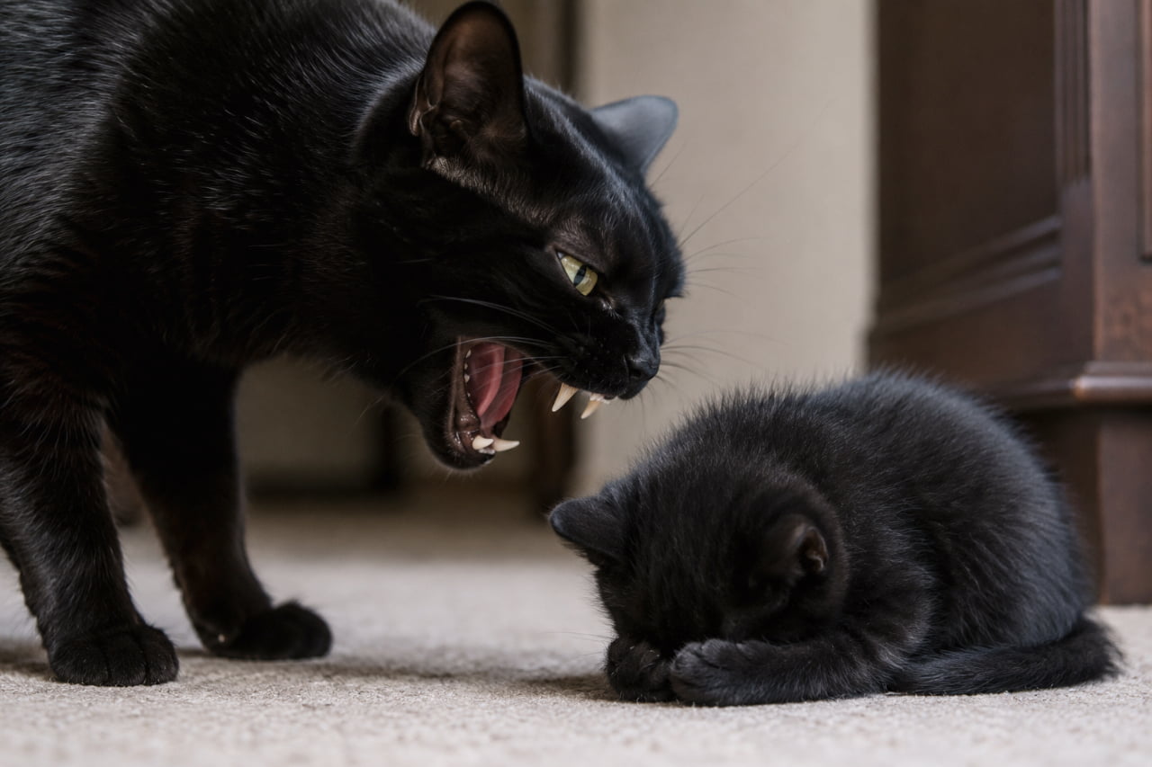「「甘えはここまで」。突き放す母猫の冷徹な咆哮と、絨毯の上で丸くなる子猫。自然界の厳しさがそこに #ボンベイ #猫の自立 #野生のリアル #シリアス #キャットライフ」Ultra-realistic high-quality photograph of an intense close-up profile. A Bombay mother cat with glossy black fur snapping her jaws aggressively in the air, showing her fangs, her narrowed yellow eyes aimed ruthlessly down at the kitten. The kitten is completely collapsed into an extreme submissive crouch, squeezing its eyes shut tight in absolute feral terror. Set on a carpet against dark wooden furniture, illuminated by focused natural light. 遮るもののない至近距離から捉えたボンベイ猫の親子のミディアムクローズアップ。光沢のある黒い被毛を持つ母猫が、左側から身を乗り出し、苛立ちをあらわに口を大きく開けて咆哮し、黄色い目を厳しく右下の子猫に向けている。その足元で完全にすくみ上がった子猫は、前足で顔を覆うように丸くなり、目をきつく閉じて野生的な恐怖に打ちひしがれている。背景にはダークな木製家具が写り、絨毯の上に親子がいる