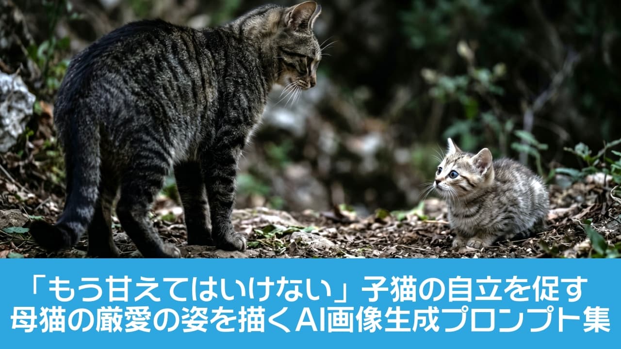 「親の威厳にタジタジにゃ…😿🌲厳しい大自然を生き抜く親子の、息を呑むドラマチックな一瞬に引き込まれます。 #キジトラ #猫のいる暮らし #決定的瞬間」Ultra-realistic high-quality photograph of a brown tabby Domestic Shorthair mother cat casting a cold downward glare at her tiny kitten in a dark forest. On the right, the small tabby kitten cowers low on the leaf-strewn ground, looking up with dilated eyes in absolute terror. The moody, dramatic lighting emphasizes the strict rejection and intense wildlife atmosphere. 薄暗い森の地表で、美しい縞模様を持つキジトラ（ドメスティックショートヘア）の母猫が、背を向けながら右下の子猫を冷たく見下ろしている。対する右側では、小さなキジトラの子猫が地面に低く身をすくめ、恐怖で瞳孔を開いた目でまっすぐに母猫を見上げている。ハイコントラストな光が、親子の緊迫した視線と野生の写実主義を引き立てる超高画質写真